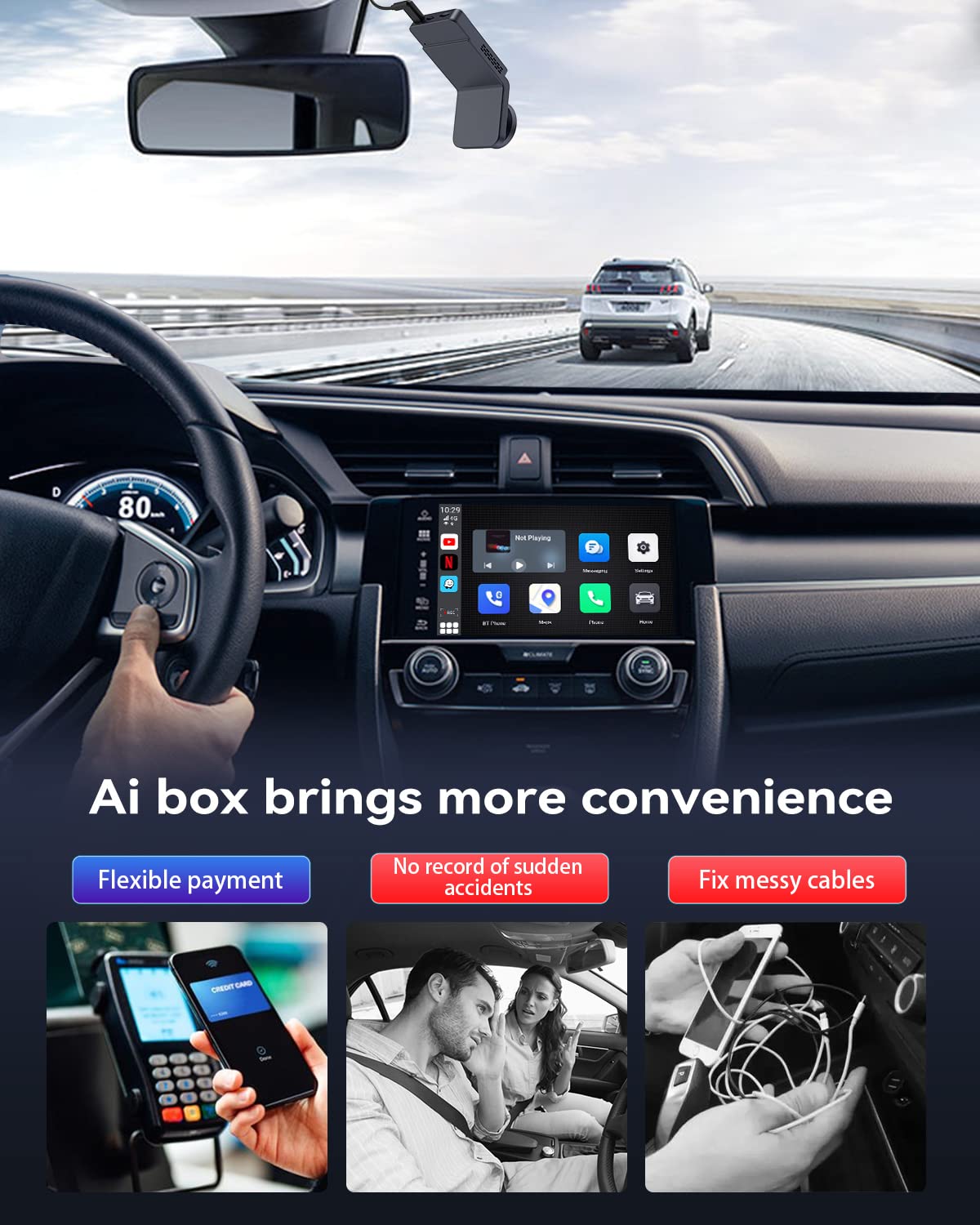 CarlinKit Ai Box Dash Cam Adapter - 8 Core, 4+64GB, Android 9.0 with Wireless CarPlay & Android Auto - Built-in GPS, Video Recorder, SIM/TF Card Support - Perfect for Cars with Wired CarPlay (Ideal for Road Trips & Daily Commuting)