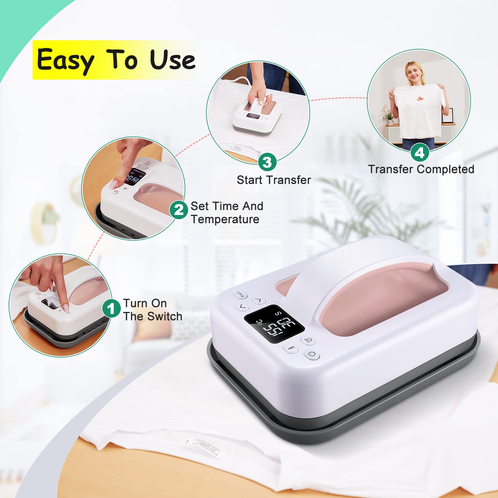7×5 Inch Mini Heat Press Machine for T-Shirts, Hats & Bags - Portable Easy Press for DIY Heat Transfer - Perfect for Christmas Gifts & Crafts (Pink) | Great for Home Use, Small Businesses & Crafting Projects