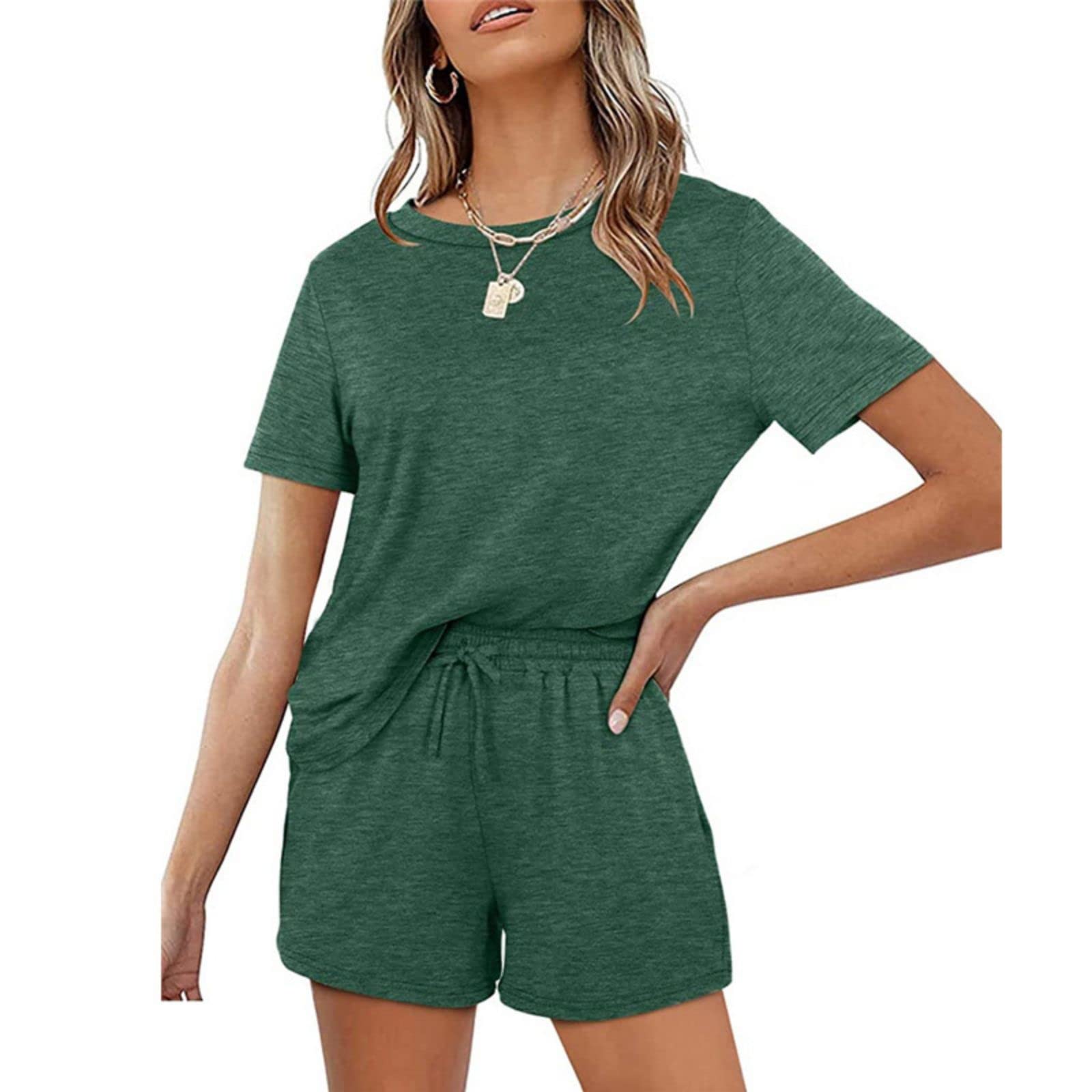 Evzosrz Women's 2-Piece Summer Outfit - Lounge Matching Set with Short Sleeve Top & Shorts | Comfy Vacation Clothes for Beach, Travel & Casual Wear