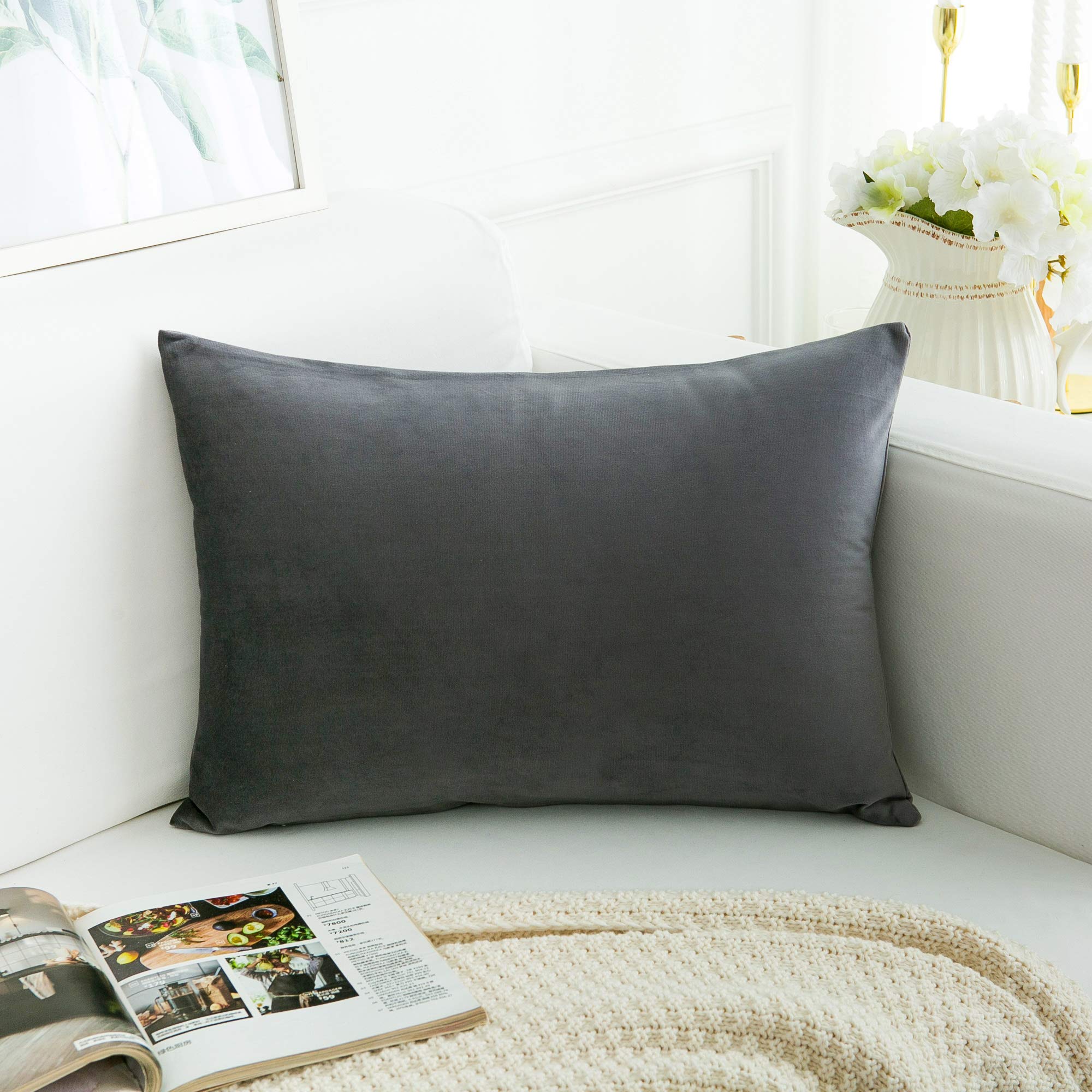 Velvet Decorative Throw Pillow Covers Set of 2 - 12x20 Inch Soft Square Gray Cushion Covers for Sofa, Couch, Bed & Chair | Home Decor, Living Room Accent Pillows