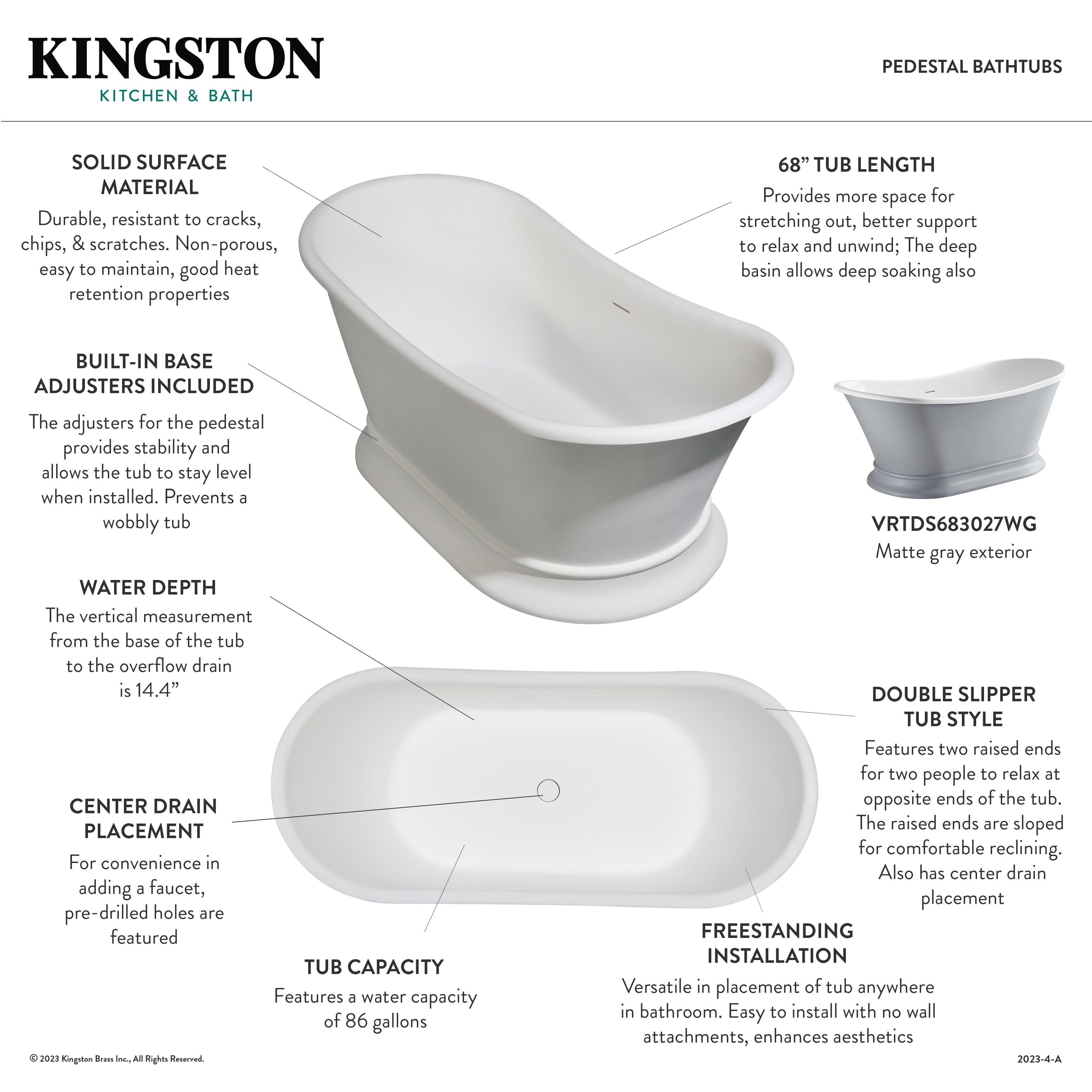 Arcticstone 68 Inch Solid Surface Oval Double Slipper Pedestal Bathtub - Matte Gray/Glossy White Freestanding Soaking Tub with Drain (No Faucet Holes) | Perfect for Luxury Bathrooms, Spa Retreats & Master Suite Relaxation