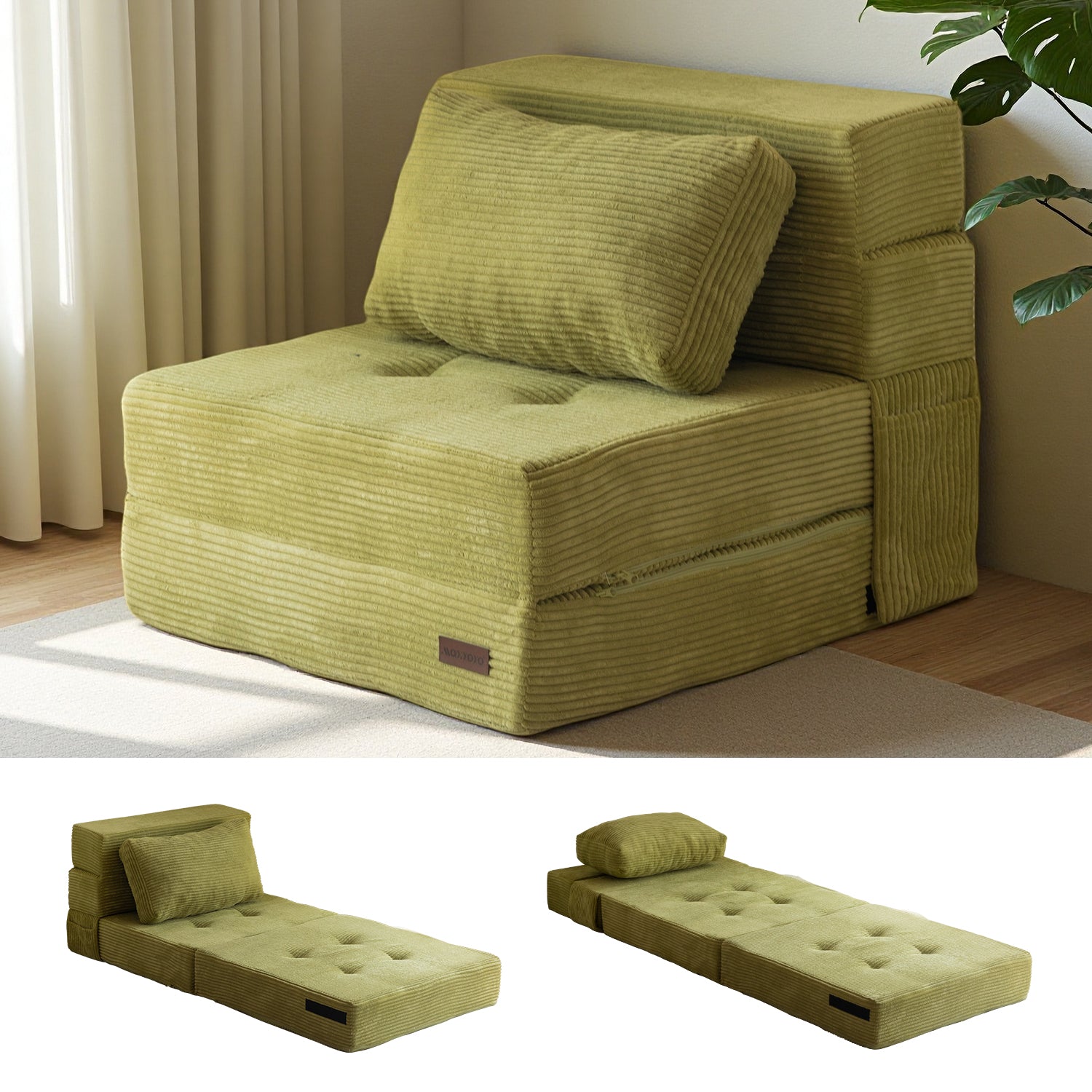 MAXYOYO 4-in-1 Folding Sofa Bed with Pillow - Tufted Sleeper Chair for Living Room, Guest Room & Small Spaces, Convertible Futon for Lounge, Nap & Overnight Guests, Green