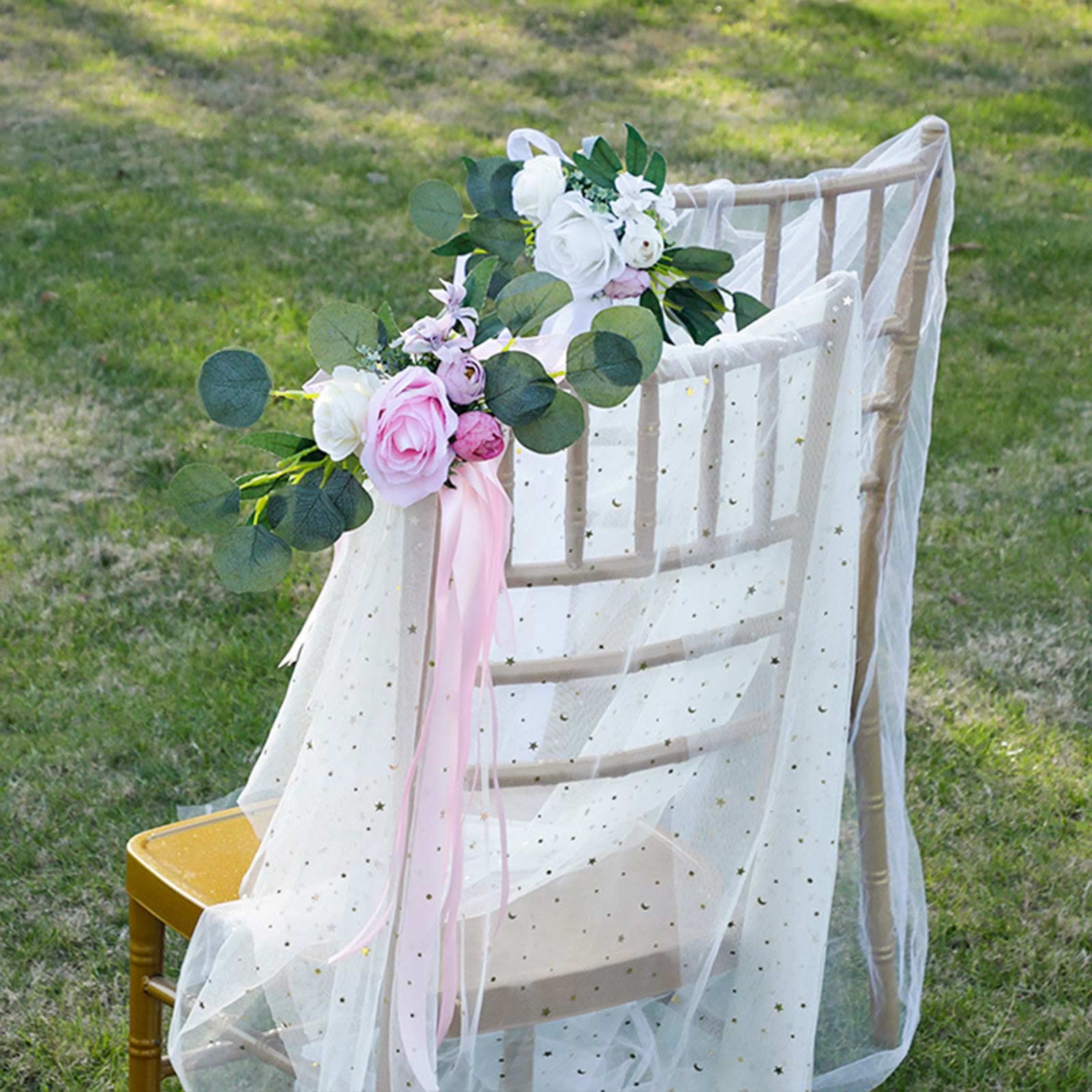 6 Pack Artificial Flower Arrangements for Wedding Chair Back Decor - Handmade Silk Bridal Bouquets with Eucalyptus Ribbons - Perfect for Wedding Aisle, Ceremony, Reception & Party Decorations