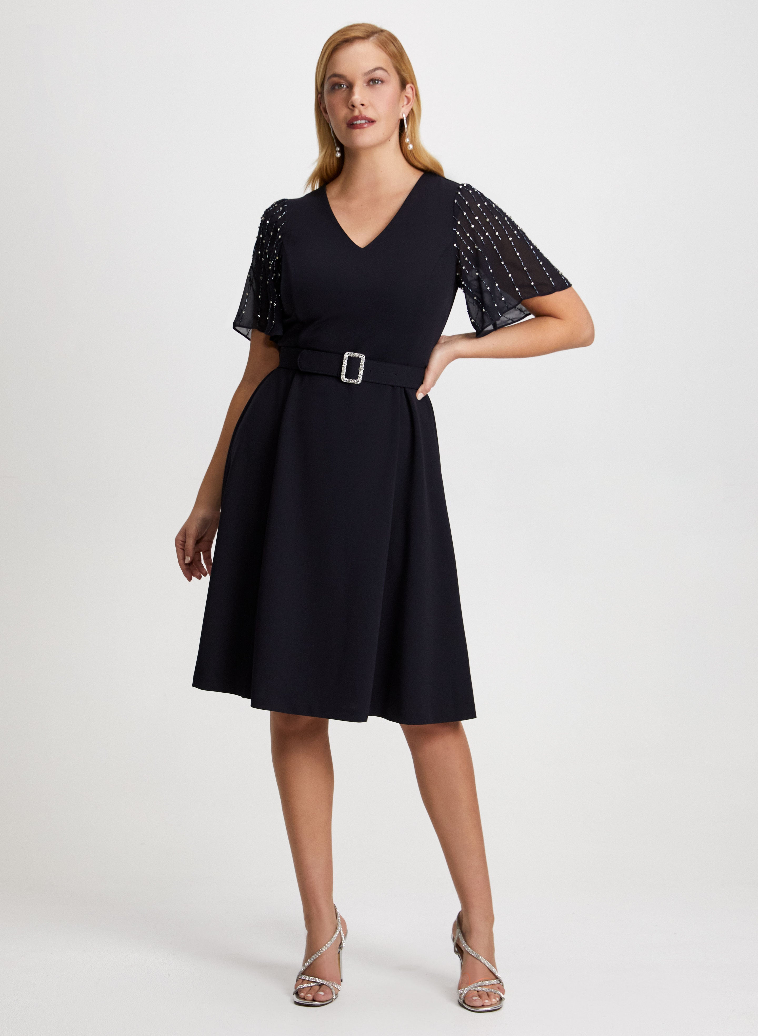 Elegant Beaded Sleeve Dress with Pearl Drop Earrings Set - Women's Party & Evening Wear for Special Occasions
