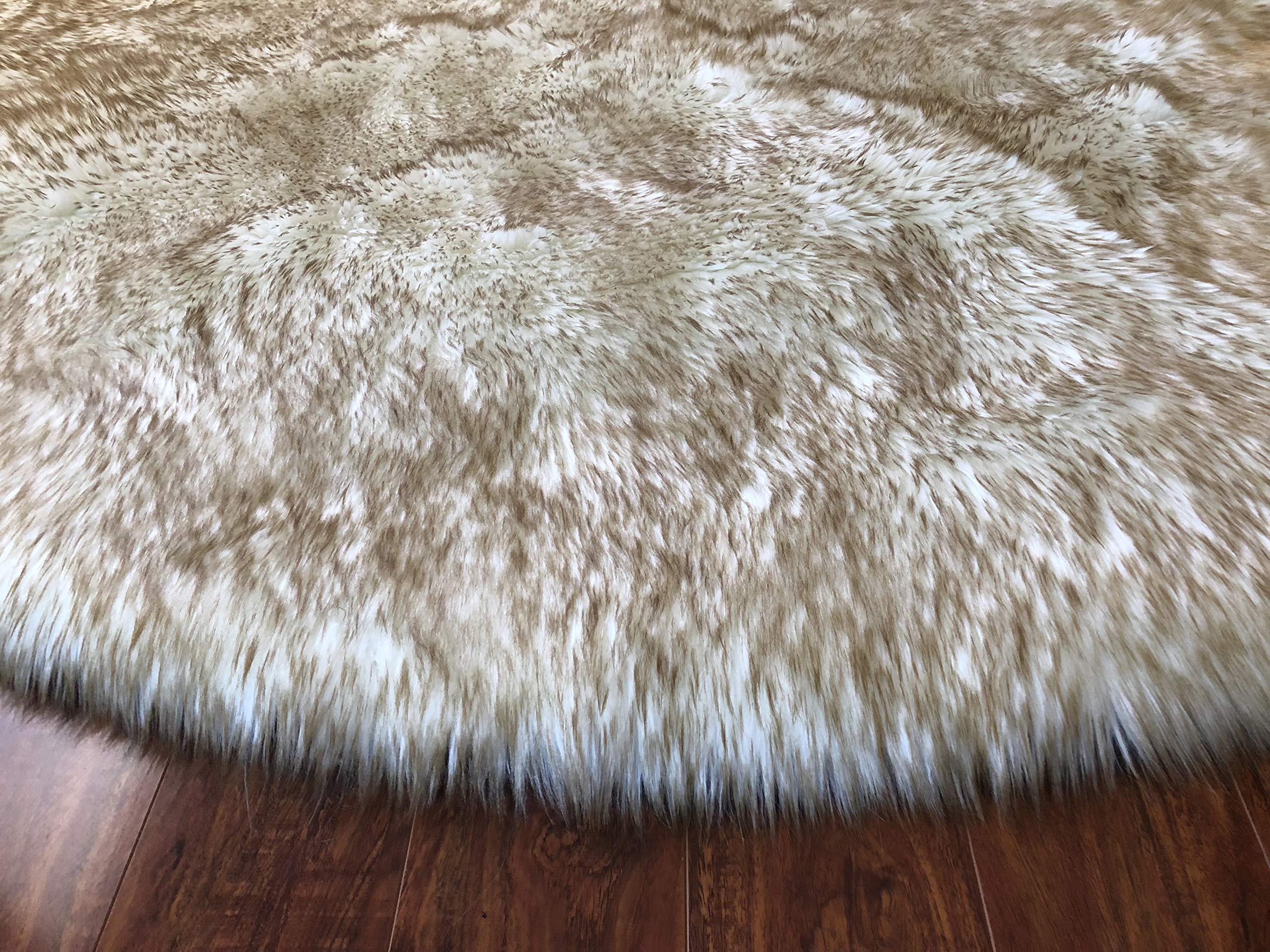 Luxury Faux Sheepskin Rug - Super Soft Hypoallergenic Plush Fur Carpet for Bedroom, Living Room, Nursery | Round Shaggy Silky Floor Mat (8ft/240cm, White with Brown Tips) - Perfect for Cozy Home Decor, Kids Play Area & Sofa Accent
