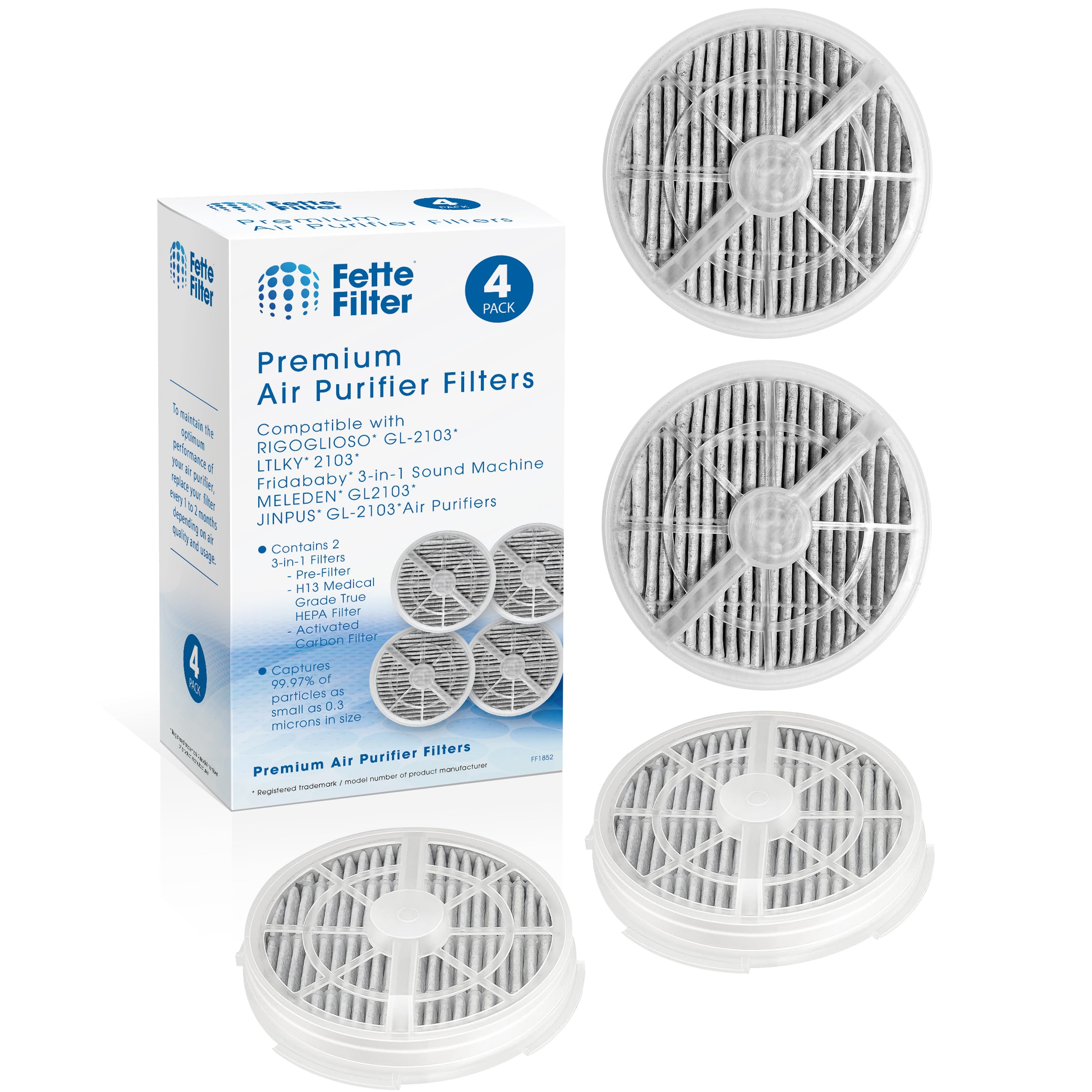 True HEPA Replacement Filters with Activated Carbon - Compatible with Fridababy, Meleden, RIGOGLIOSO GL-2103, JINPUS & LTLKY 900S Air Purifiers - Pack of 4 - Ideal for Allergy Relief, Pet Dander & Smoke Removal in Home & Nursery