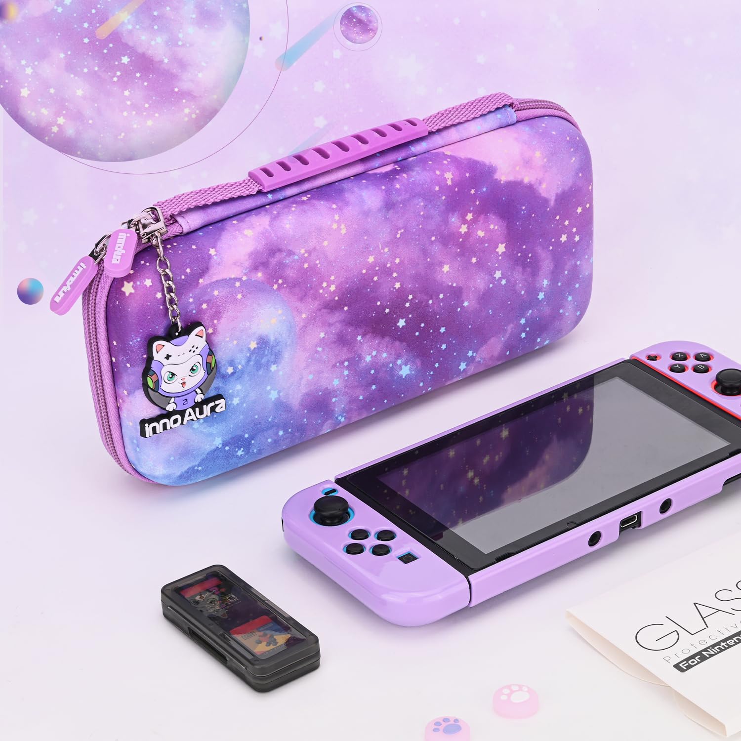 **InnoAura 15-in-1 Nintendo Switch Accessories Bundle – Switch Carrying Case, Game Case, Protective Case, Screen Protector, Thumb Grips (Galaxy Purple) – Perfect for Travel, Gaming On-The-Go & Switch Protection**