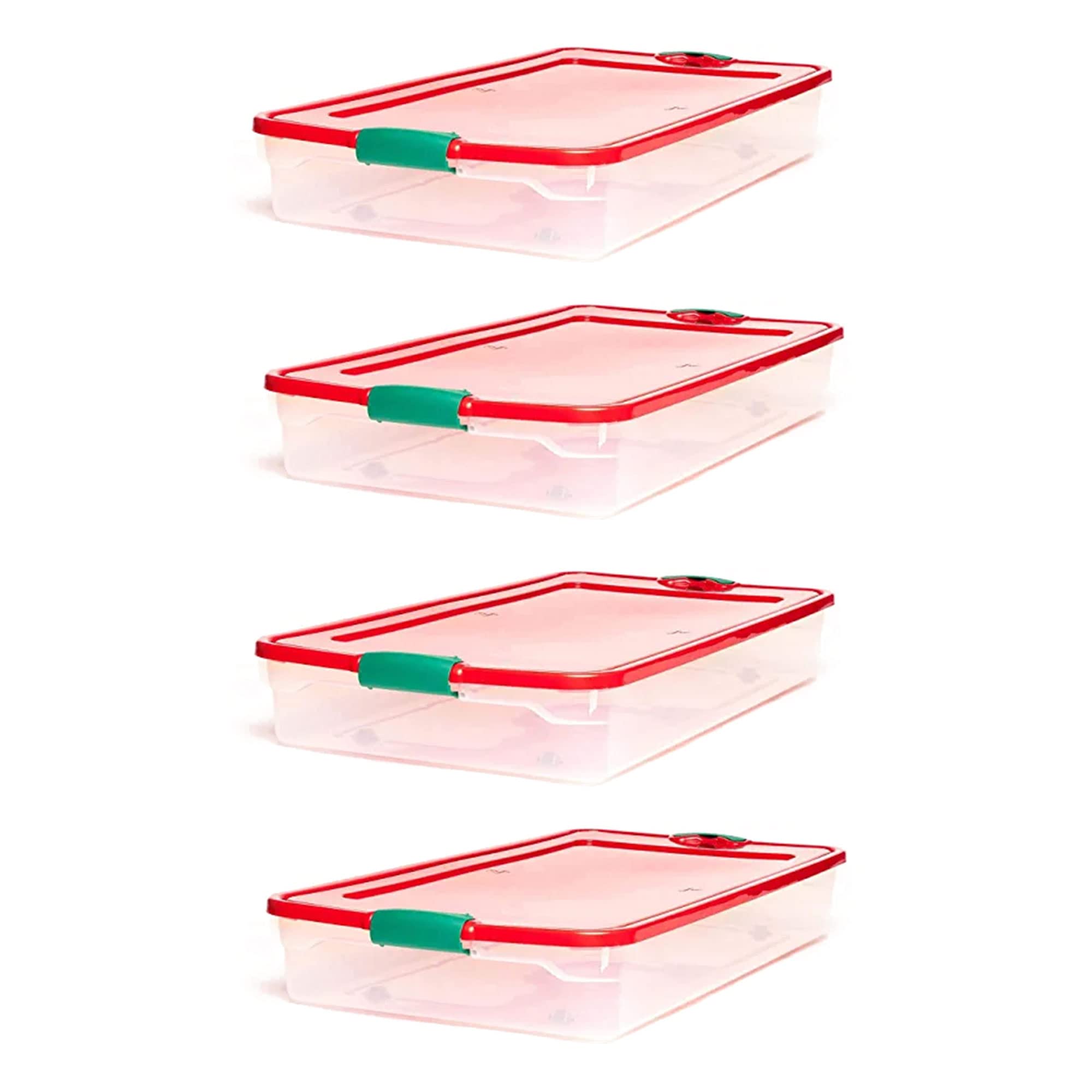 HOMZ 60-Quart Holiday Plastic Underbed Storage Bins with Red Latching Lids - 4 Pack Clear Rolling Storage Containers for Home Organization (Green Latches) | Perfect for Seasonal Clothes, Blankets & Bedding Storage Under Bed