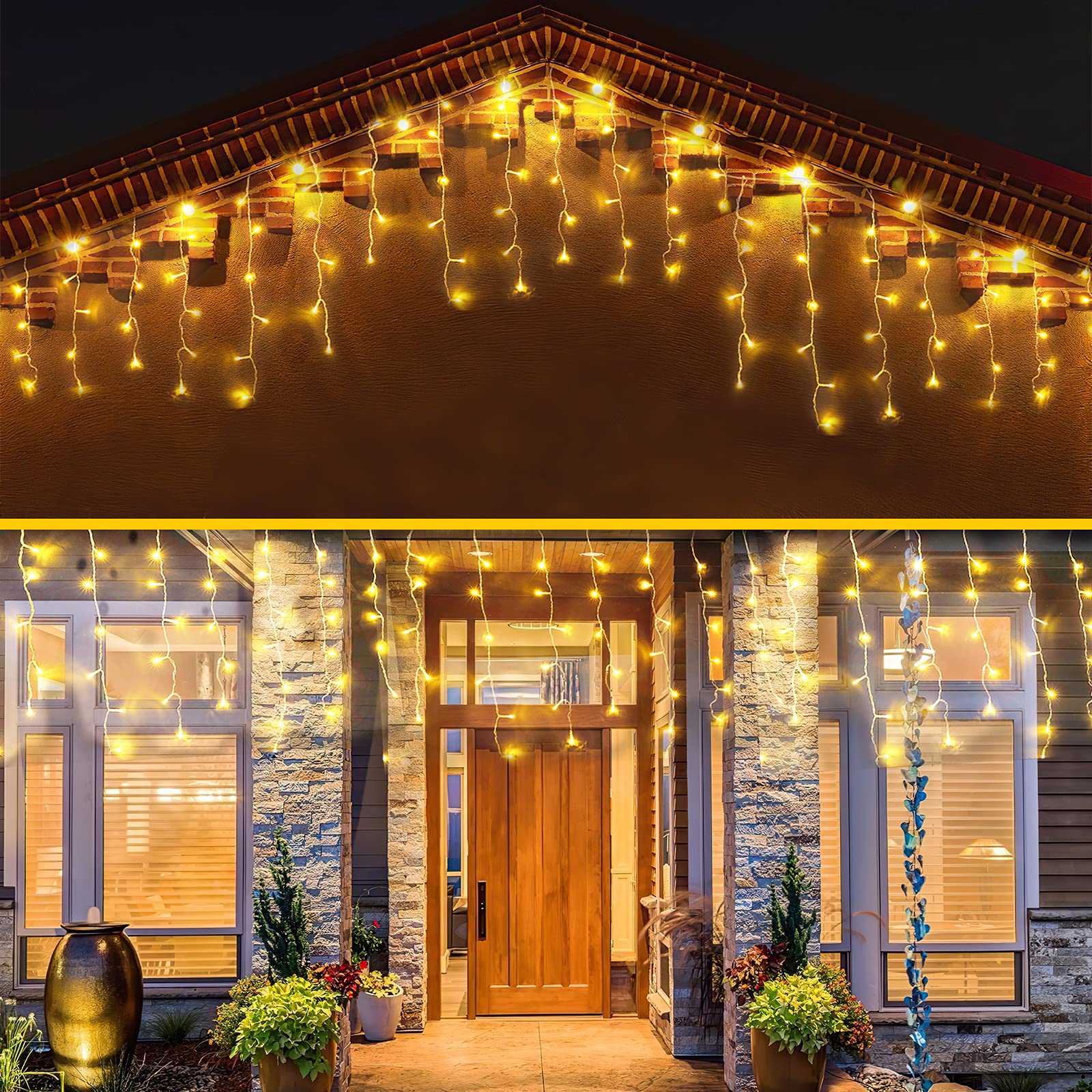 FALUOS 20Ft 288 LED Solar Powered Icicle String Lights - Waterproof Outdoor Christmas Decor for Patio, Yard, Garden, Wedding & Party | Warm White | Perfect for Holiday, Bedroom & Landscape Lighting