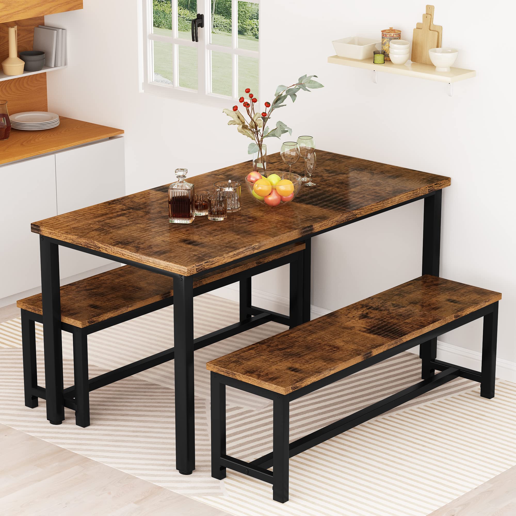Rustic Brown AWQM Dining Table Set with 2 Benches - 47.2x28.7x28.7 Inch Kitchen Table & 40.5x11x17.7 Inch Benches - Perfect for Small Space Dining Rooms, Breakfast Nooks & Farmhouse Kitchens