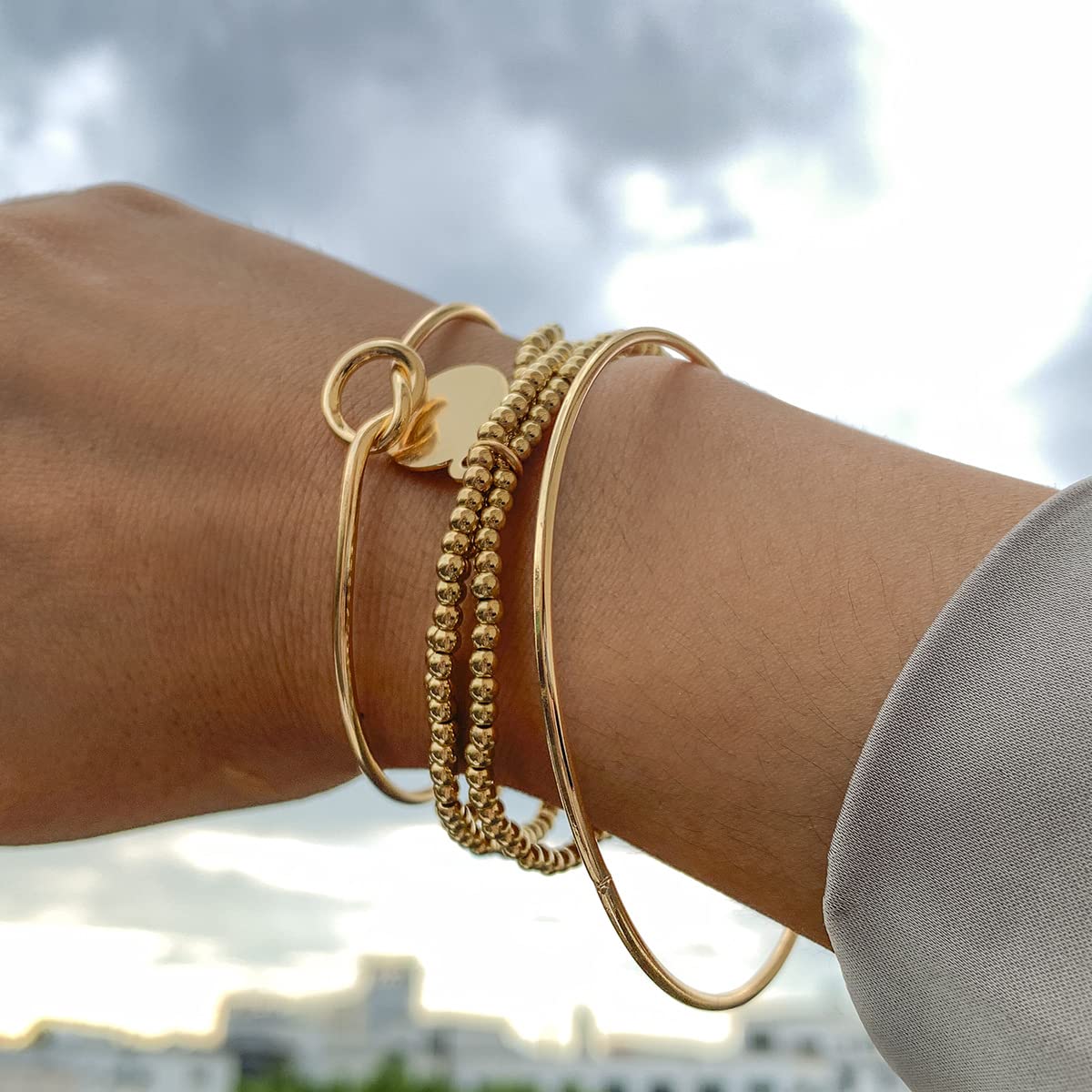 Boho Layered Beaded Bracelets for Women - Adjustable Open Cuff Bangle Link Bracelet Set in Gold | Perfect for Festival, Beach & Everyday Boho Chic Style