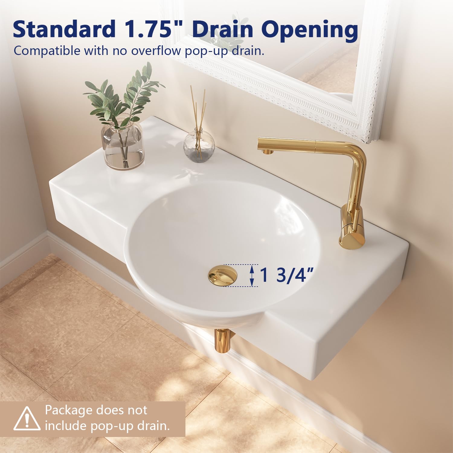 DeerValley 30x18 Inch White Ceramic Wall Mount Bathroom Sink - Modern Vessel Sink with Right Side Faucet Mount | Perfect for Small Bathrooms, Powder Rooms & Vanity Installations
