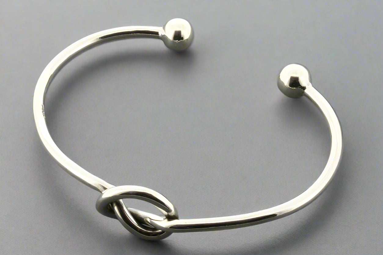 Sterling Silver Heart Knot Cuff Bracelet with Ball Bead Ends - Perfect for Valentine's Day Gifts, Anniversary Presents & Romantic Occasions