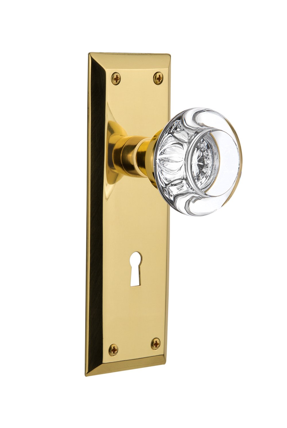 Nostalgic Warehouse New York Vintage Style Round Clear Crystal Glass Cabinet Knob with Keyhole - 2.75 Inch, Unlacquered Brass - Perfect for Kitchen Cabinets, Dressers, and Home Decor