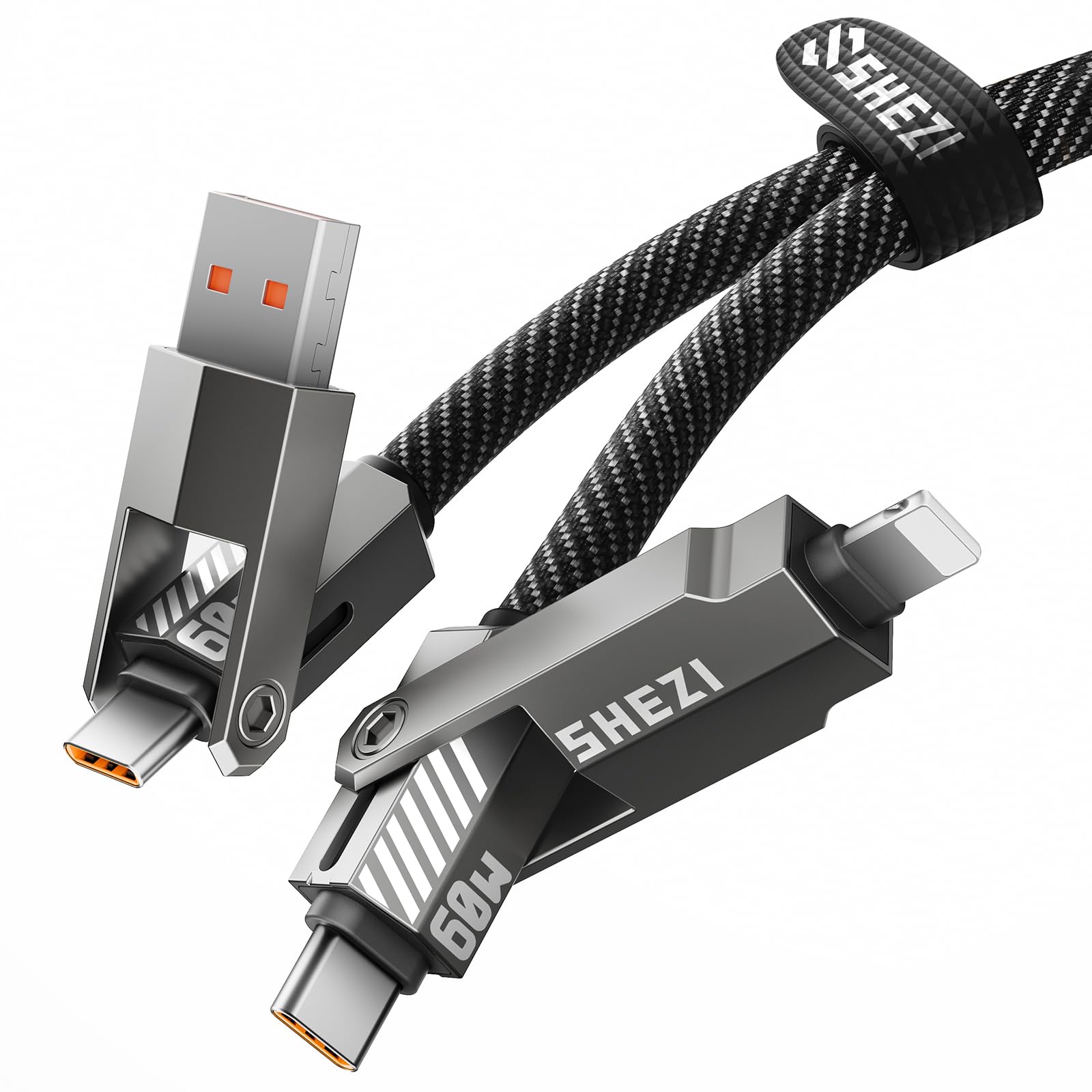 Upgraded 4-in-1 60W 5FT USB C Cable with Lightning & USB A - Fast Charging Cable for iPhone 15/14/13/12, iPad, Samsung - Nylon Braided Durable Multi Charger Cord (480Mbps Data Sync, Grey) - Perfect for Home, Office & Travel Charging