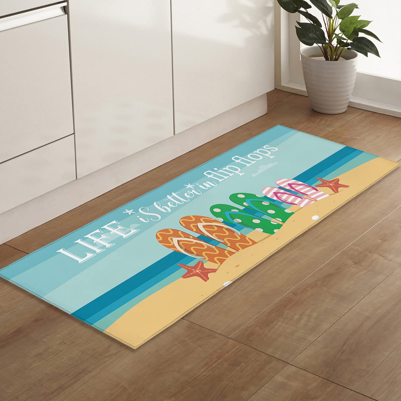 Non-Slip Indoor Doormat 23.6x70.9 Inch - Absorbent Entryway Floor Mat for Front/Back Door, Beach House Decor with Starfish Flip Flop Design - Perfect for Home, Vacation Rental & Coastal Living Spaces