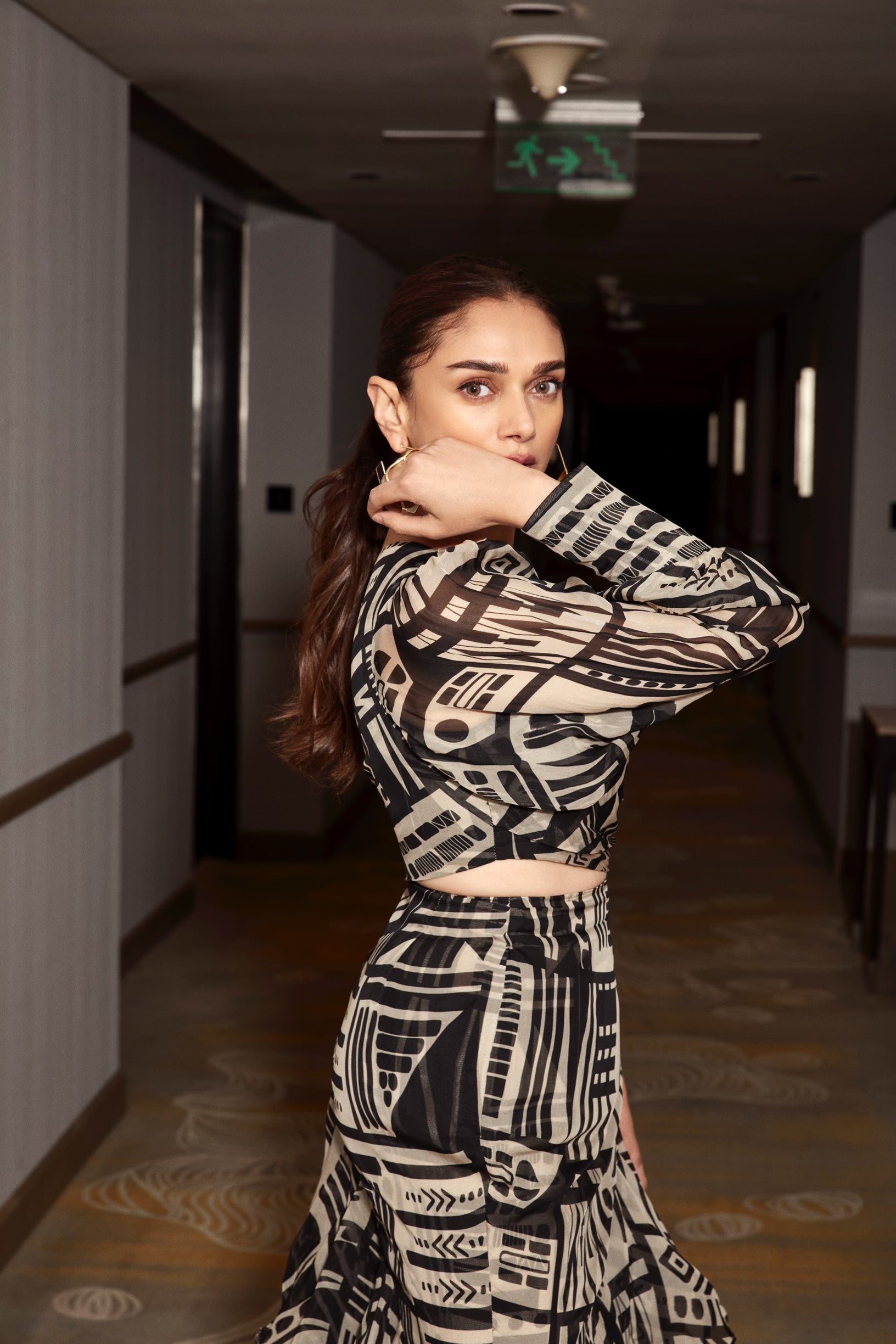 Aditi Rao Hydari White Abstract Print Ruffle Skirt Top & Belt Set - Women's Fashion Outfit for Party, Wedding & Special Occasions