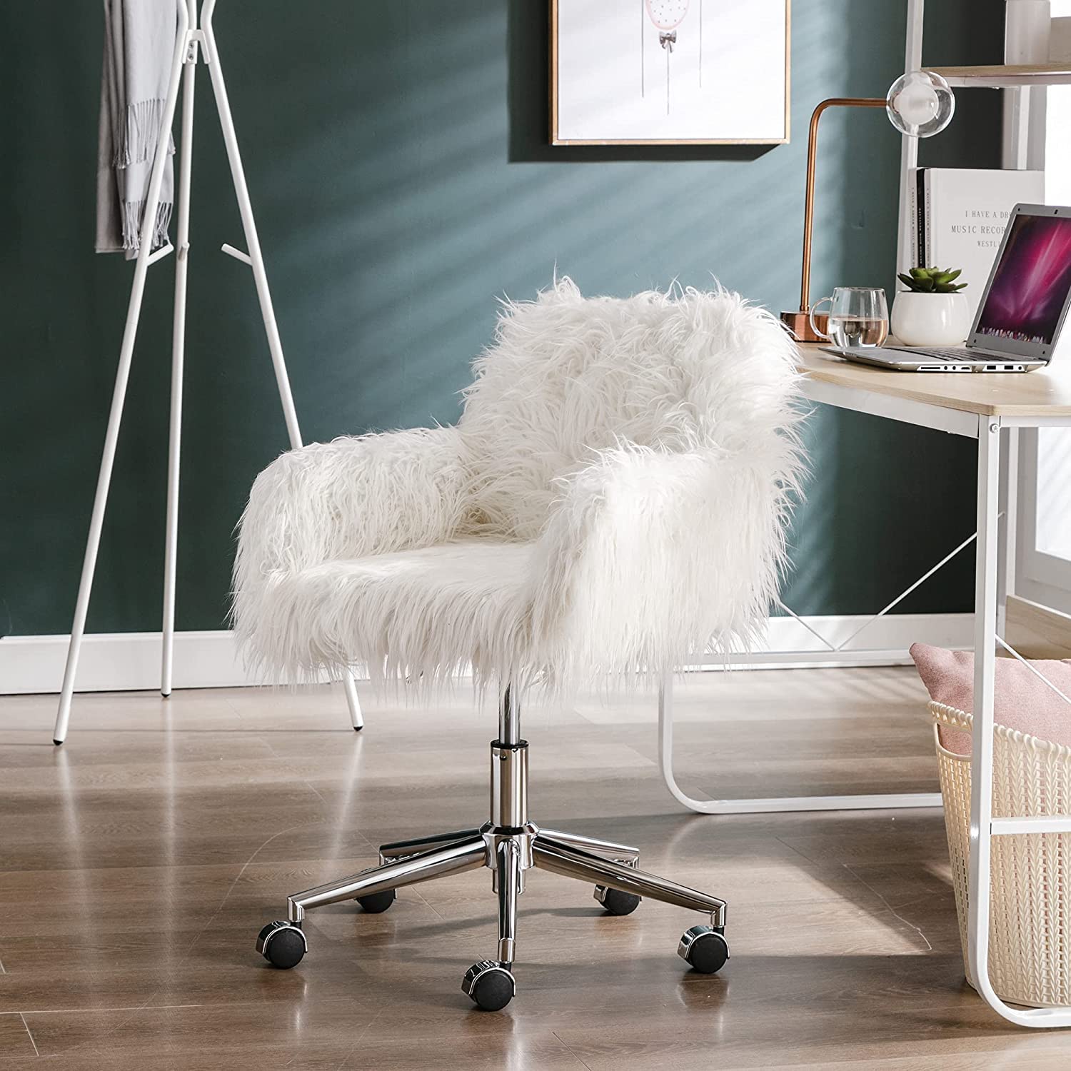 Luxury Faux Fur Vanity Chair with Rolling Wheels & Armrest - Modern Accent Chair for Women, Girls, Home Office, Living Room & Bedroom - Soft Furry Makeup Desk Chair in White (Perfect for Dressing Tables, Home Offices & Cozy Reading Nooks)