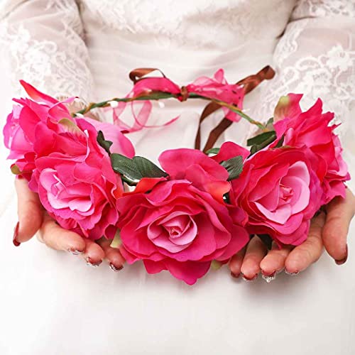 Bartosi Rose Floral Crown Headband - Adjustable Wedding Hair Accessories for Brides, Women & Girls - Rose Red Flower Garland with Ribbon - Perfect for Weddings, Prom, Photo Shoots & Boho Festivals