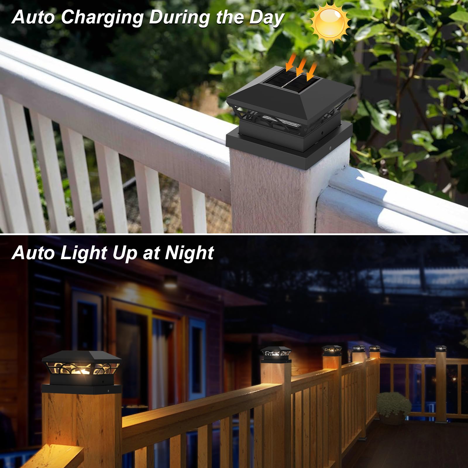 T-SUN Solar Post Cap Lights - 6 Pack Warm White LED for 3.5X3.5 to 5X5 Wood/Vinyl Fence Posts, Waterproof Outdoor Lighting for Garden, Patio, Porch, Deck & Pathway Illumination at Night