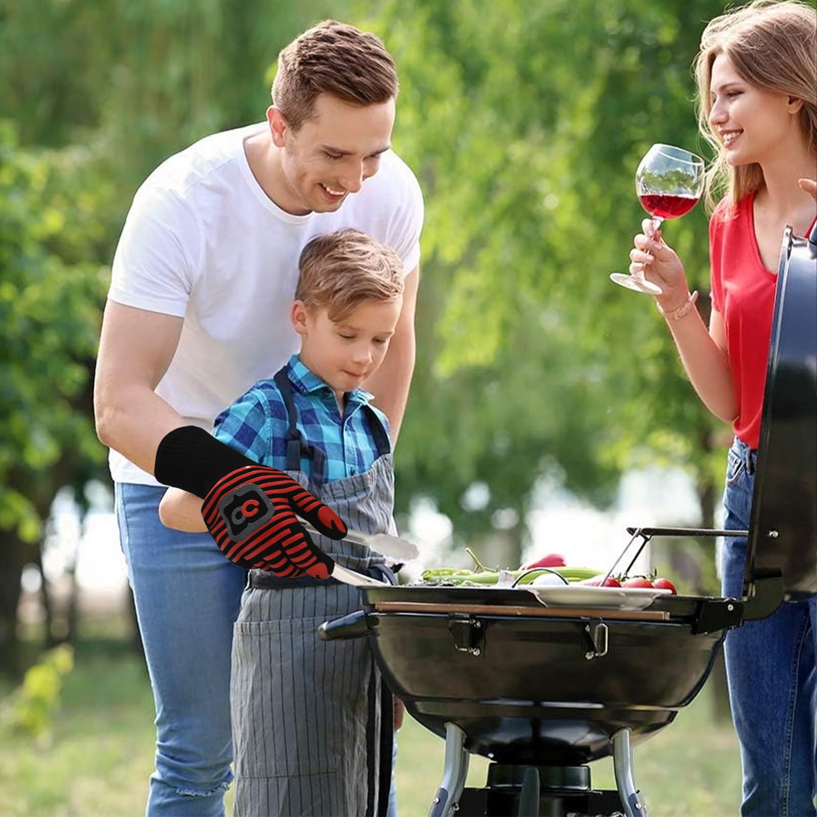 Heat Resistant BBQ Gloves - 1472°F High Temperature Grilling & Oven Gloves, Non-Slip Silicone Kitchen Gloves for Barbecue, Cooking, Baking, Meat Cutting - Perfect for Outdoor Grilling, Camping & Backyard Parties (Red)
