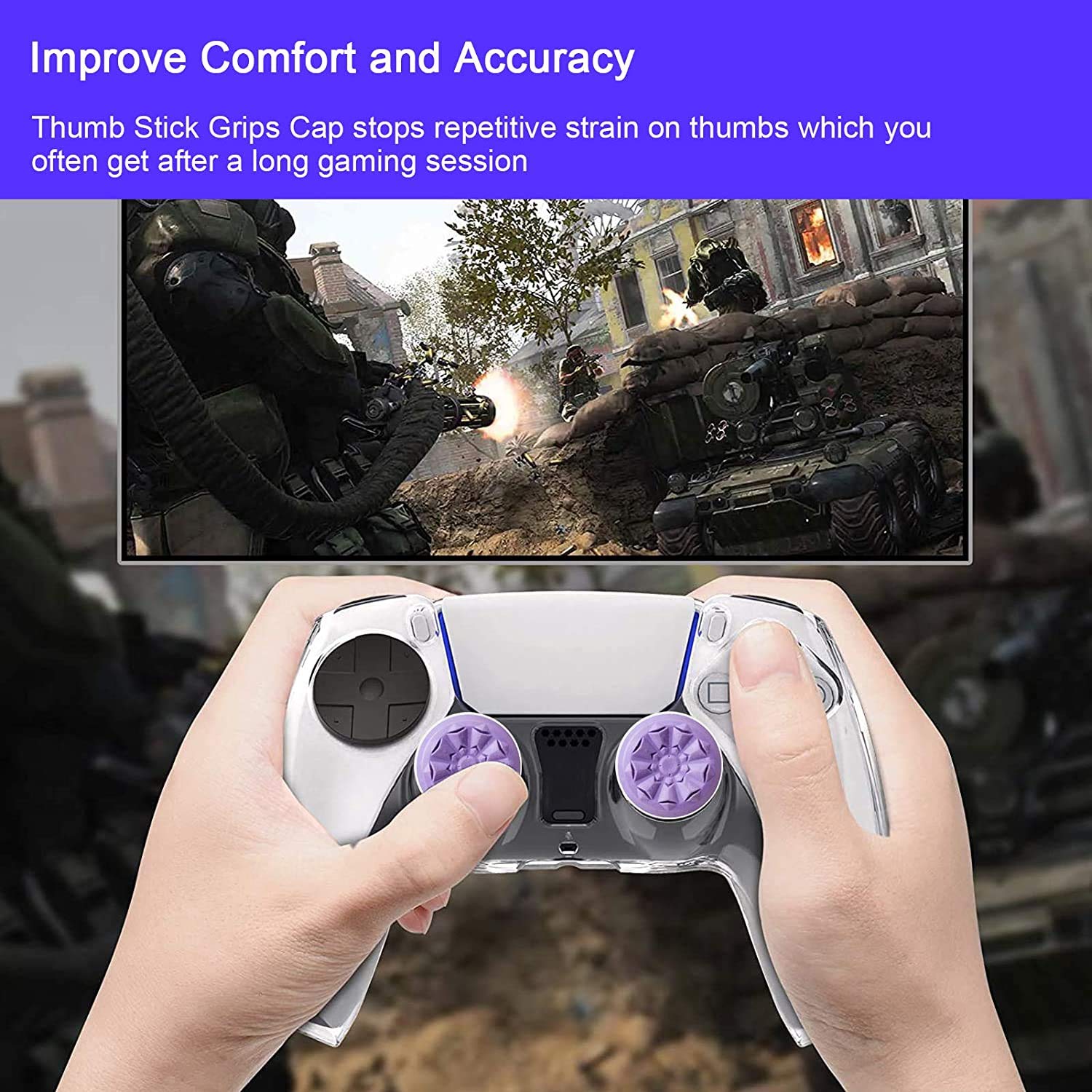 TEUVO Silicone Joystick Grips for PS4 & PS5 Controller - Purple Thumbstick Caps (2-Pack) | Improve Grip, Reduce Thumb Fatigue | Perfect for Gaming, FPS, Racing & Long Play Sessions