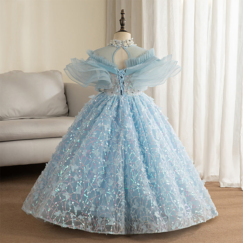 Sky Blue Fluffy Baby Girl Communion Dress - Toddler Pageant Party Dress for Birthday, Christening & Special Occasions