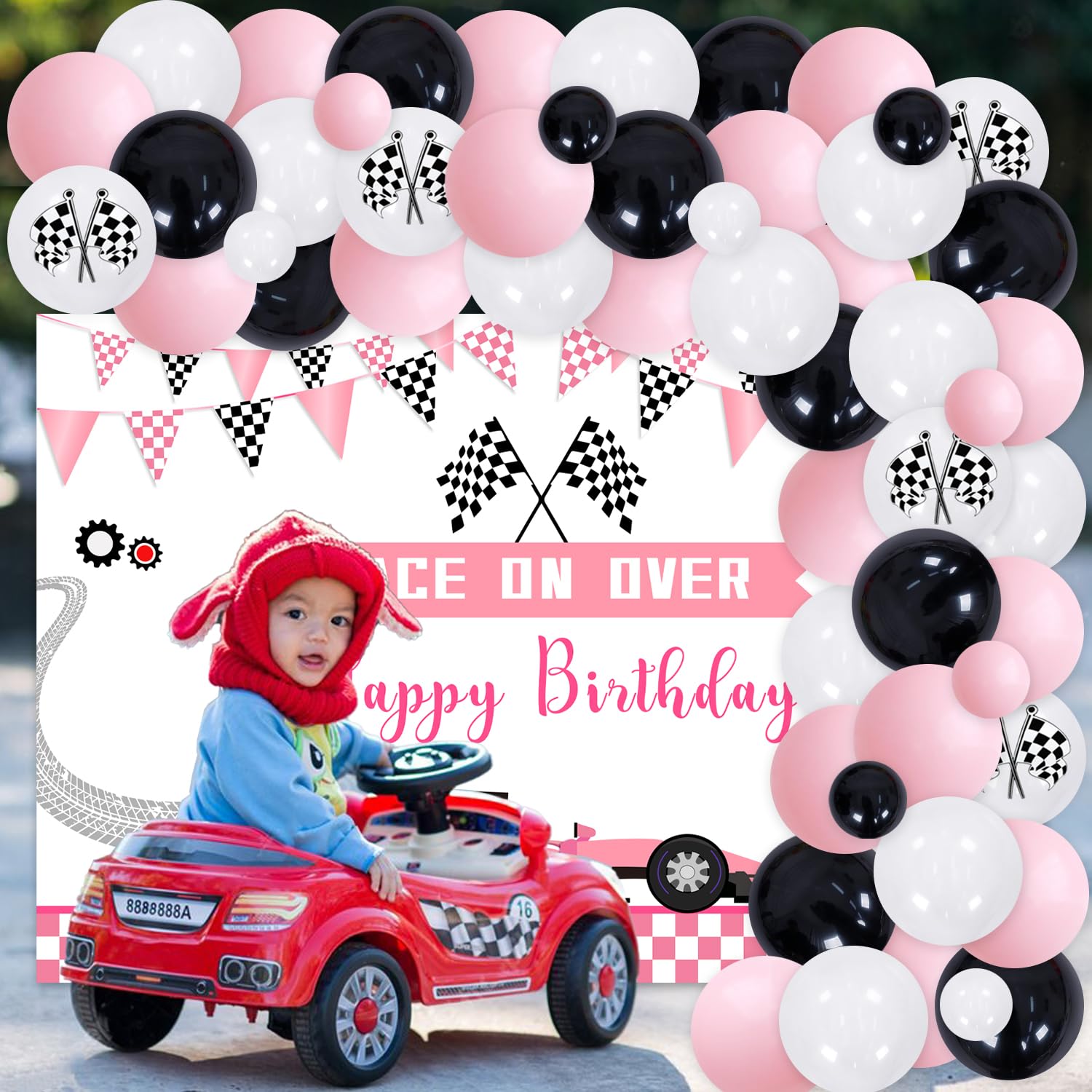 Pink Racing Car Birthday Party Decorations for Girls - Race Car Theme Backdrop, Balloon Garland Kit, Fast One Two Fast Party Supplies - Perfect for Kids Birthday Parties, Baby Showers & Race Car Themed Events