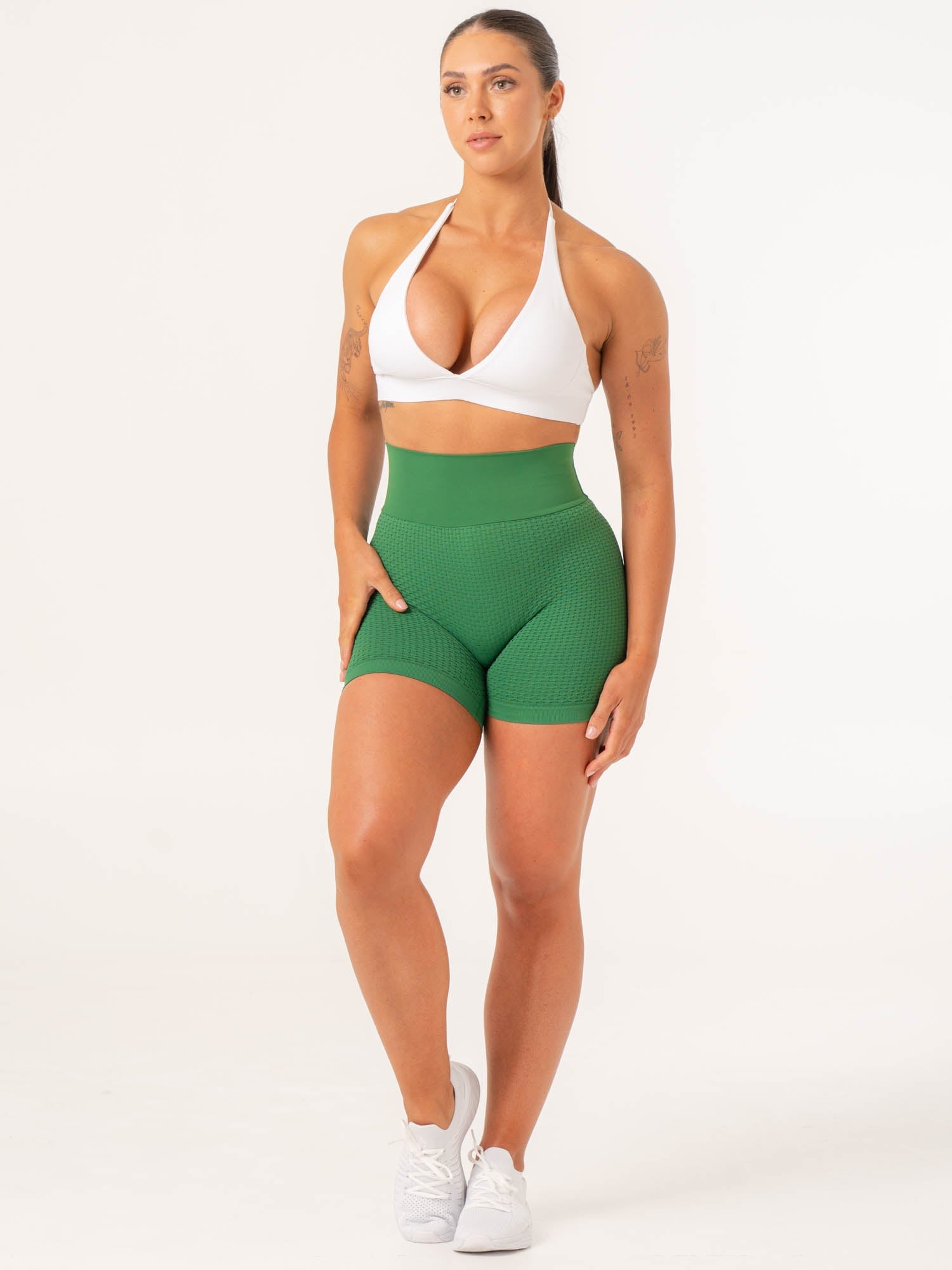 Honeycomb Scrunch Seamless Workout Shorts for Women - High Waisted Yoga Running Gym Athletic Shorts - Breathable Fern Green Fitness Shorts for Yoga, Running & Lounge Wear