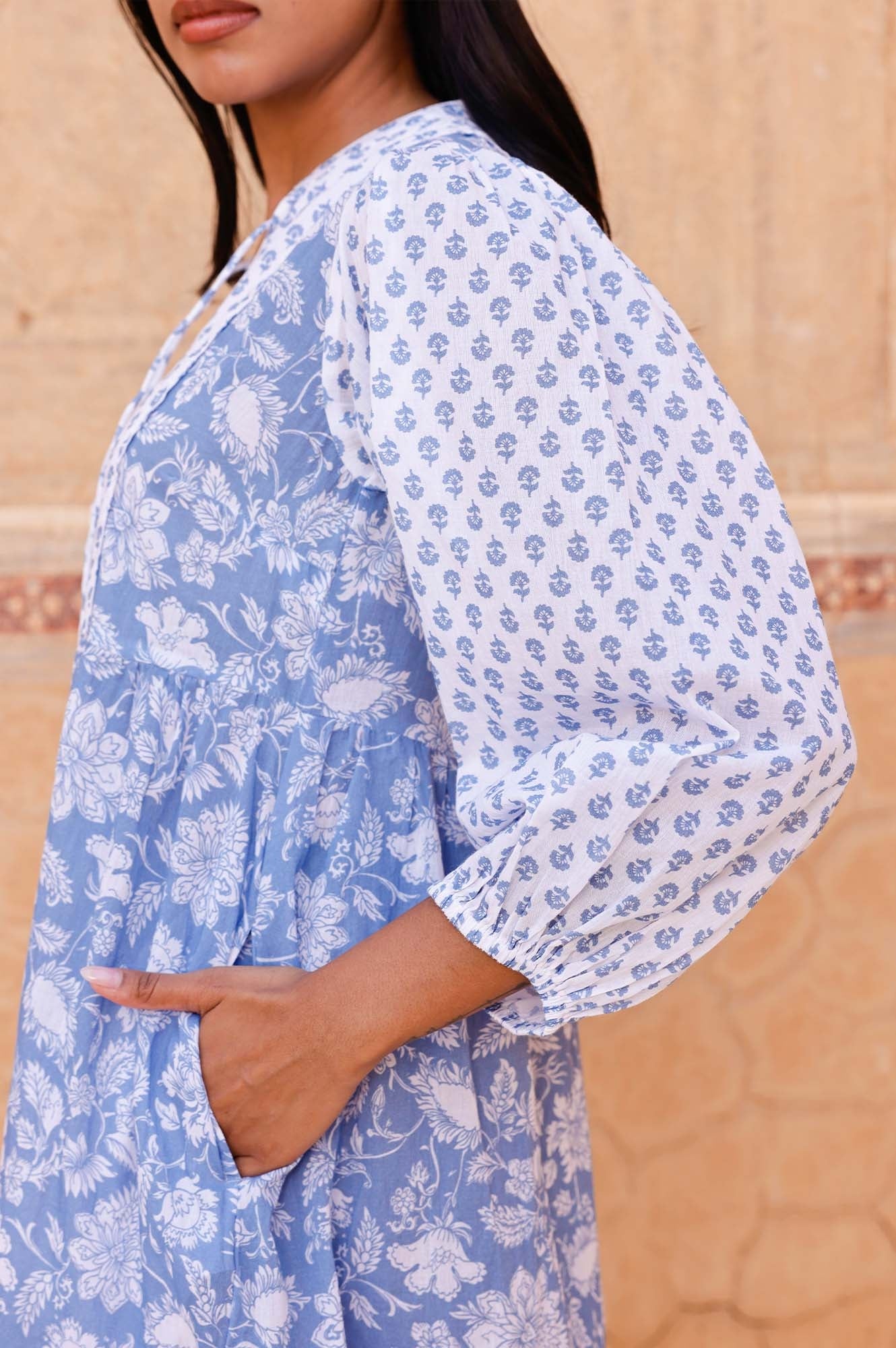 Marina Organic Cotton Print Mix Dress - Blossom Print Blue & White | Floral Summer Dress for Women, Casual & Beach Wear