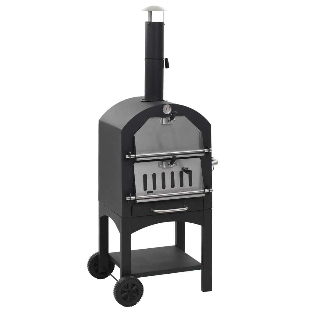 Portable Outdoor Wood Fired Pizza Oven with Steel Grill & Fireclay Stone - Charcoal Burning for Backyard, Camping, Hiking | Heavy Duty Black Freestanding Design (25.6