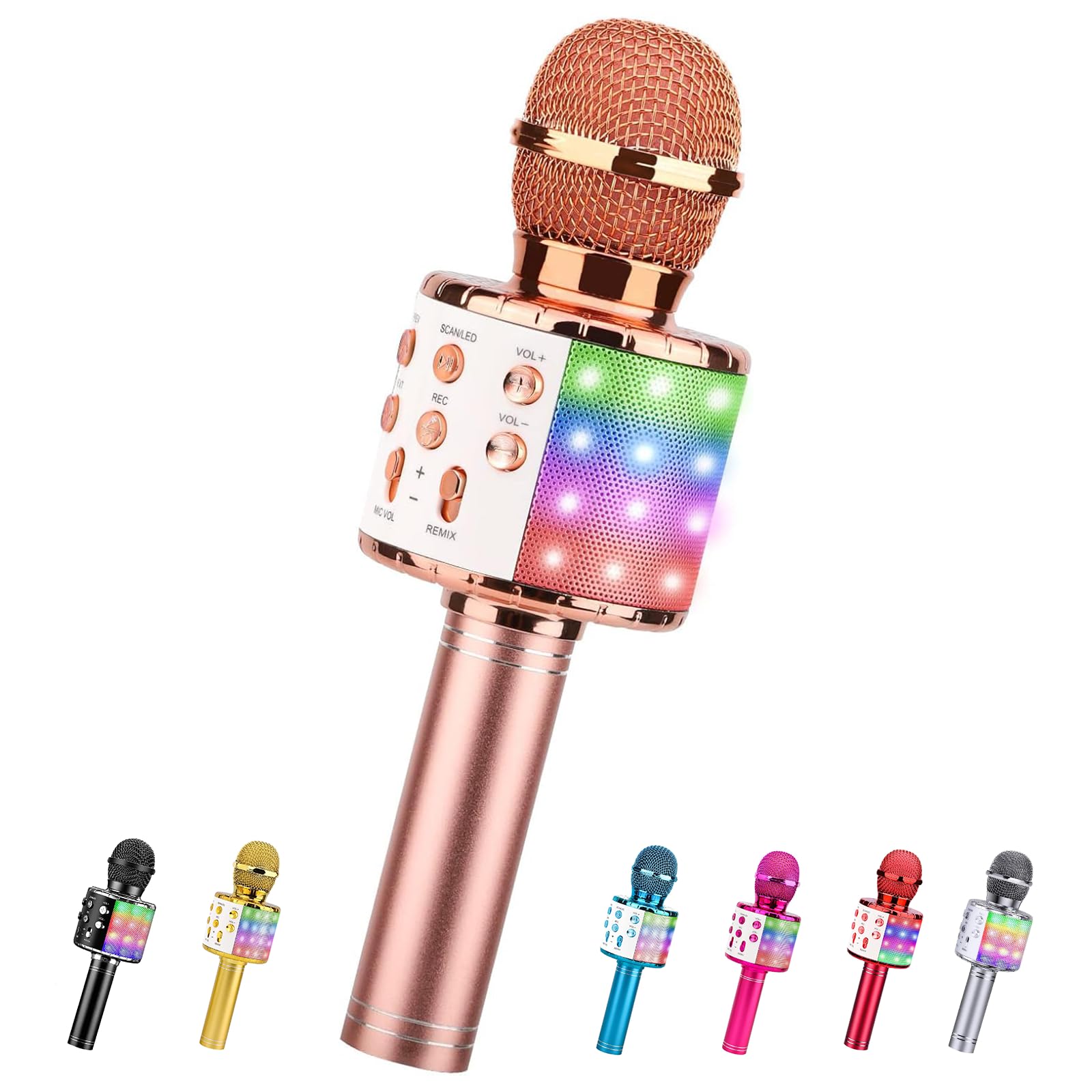 ShinePick Wireless Karaoke Microphone with Bluetooth Speaker & LED Lights - Portable Singing Mic for Kids, Compatible with Android/iOS/PC/Smartphone (Rose Gold) - Perfect for Home Parties, Travel Entertainment & Music Gifts