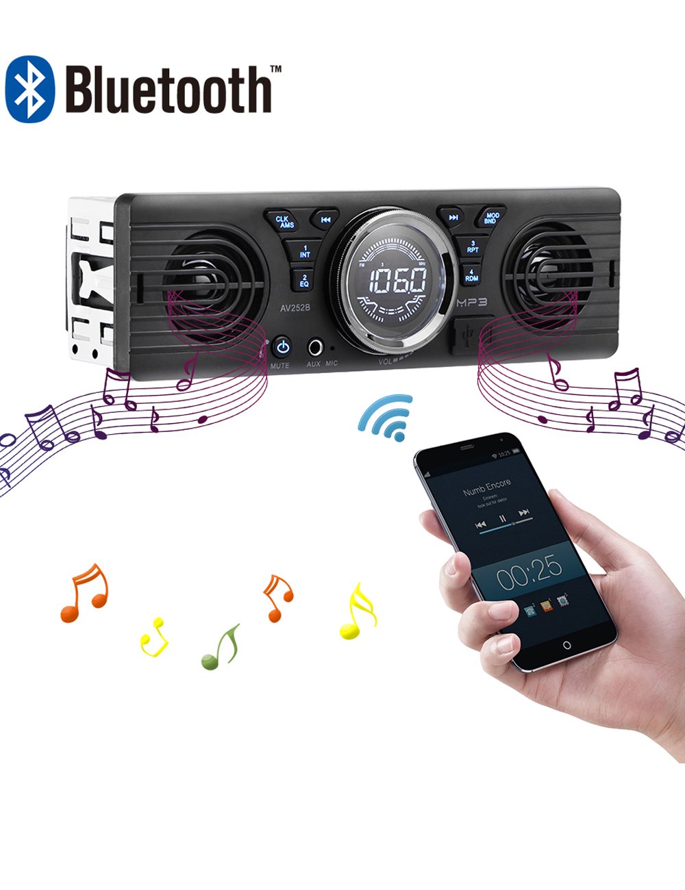 1 Din 12V Car Stereo with Bluetooth, MP3 Player, FM Radio, Hands-Free Calling, USB/SD/AUX Input & Built-in Speakers - Perfect for Road Trips & Daily Commutes