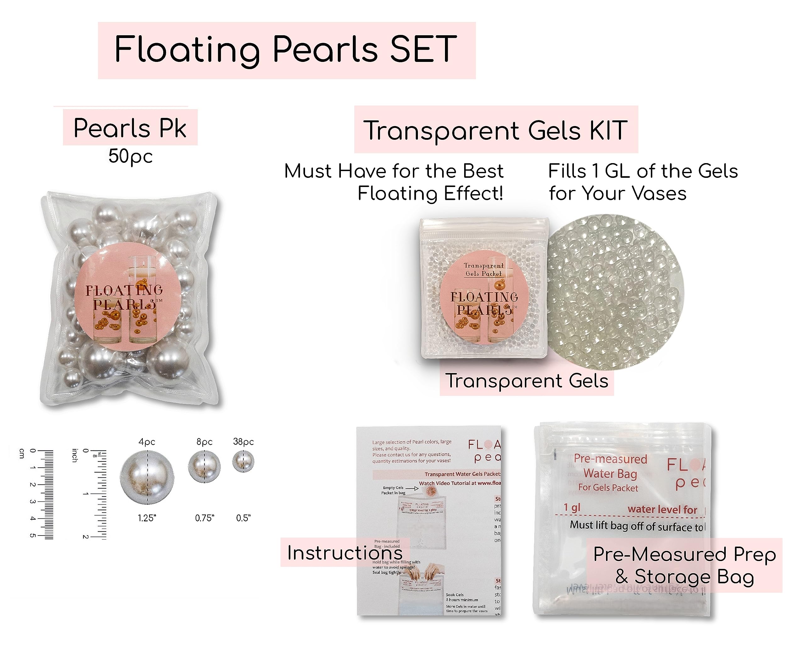 300 Floating White Pearls - Jumbo Size Pearls for Vases (Fills 4 Gallons) with Transparent Gel & Prep Bags + Warm White Submersible Fairy Lights - Perfect for Wedding Centerpieces, Home Decor, and Spa Relaxation