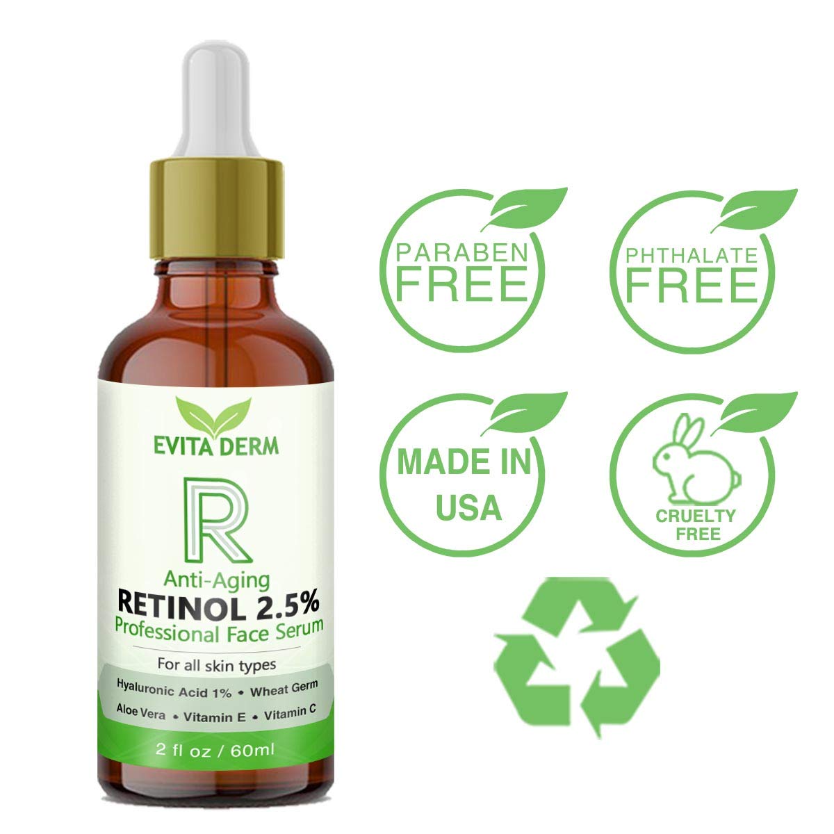 2.5% Retinol Serum with Hyaluronic Acid, Vitamin C & E, Peptide & Aloe Vera - Anti-Aging Face Serum for Wrinkles, Fine Lines & Acne - Boost Collagen Production - Day & Night Moisturizer for All Skin Types