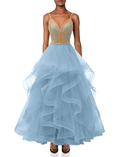 Chupeng Women's Gold Crystal Tiered Tulle Prom Dress - Elegant Spaghetti Strap Long Formal Evening Gown for Cocktail Party, Ball & Special Occasions | Perfect for Prom Night, Wedding Guest & Black Tie Events