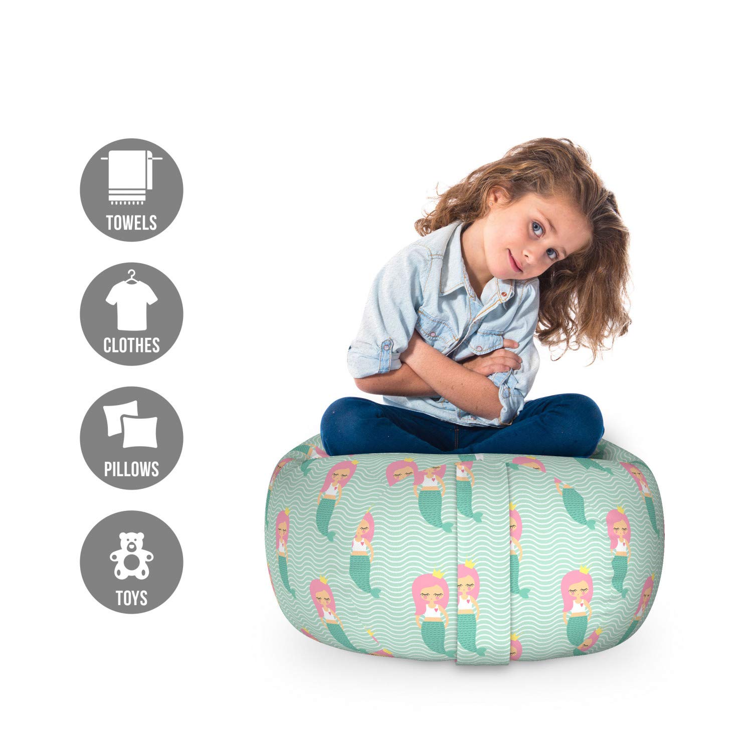 Lunarable Mermaid Toy Storage Bag Chair - Pink Haired Cartoon Mermaid with Crown, Washable Stuffed Animal Organizer for Kids Room, Small Size Mint Green - Perfect for Bedroom, Playroom & Nursery Organization
