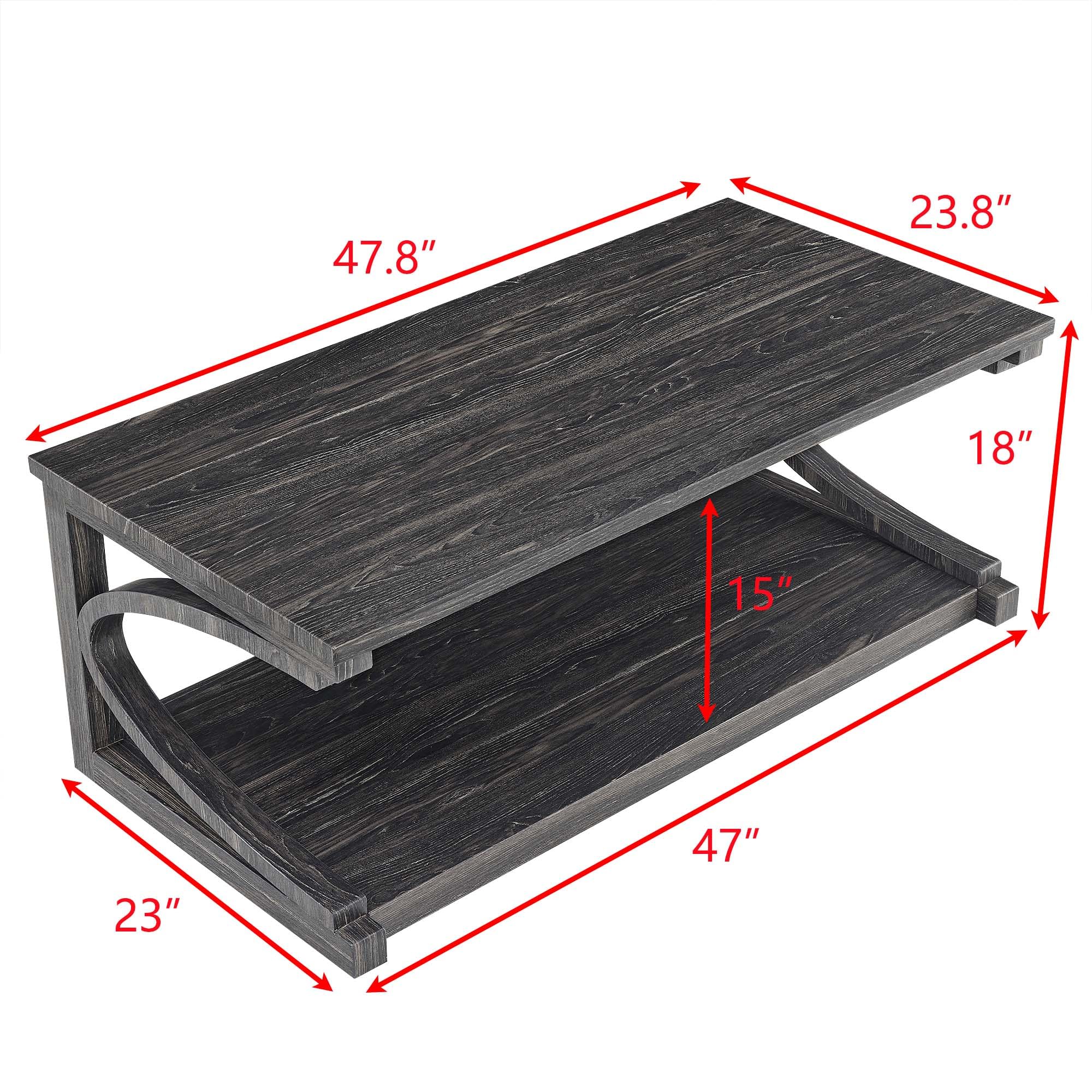 P PURLOVE Solid Wood Coffee Table - Modern Farmhouse Style 2-Tier Rectangle Coffee Table with Storage Shelf | Perfect for Living Room, Bedroom & Small Spaces | Rustic Home Decor & Functional Center Table for Daily Use