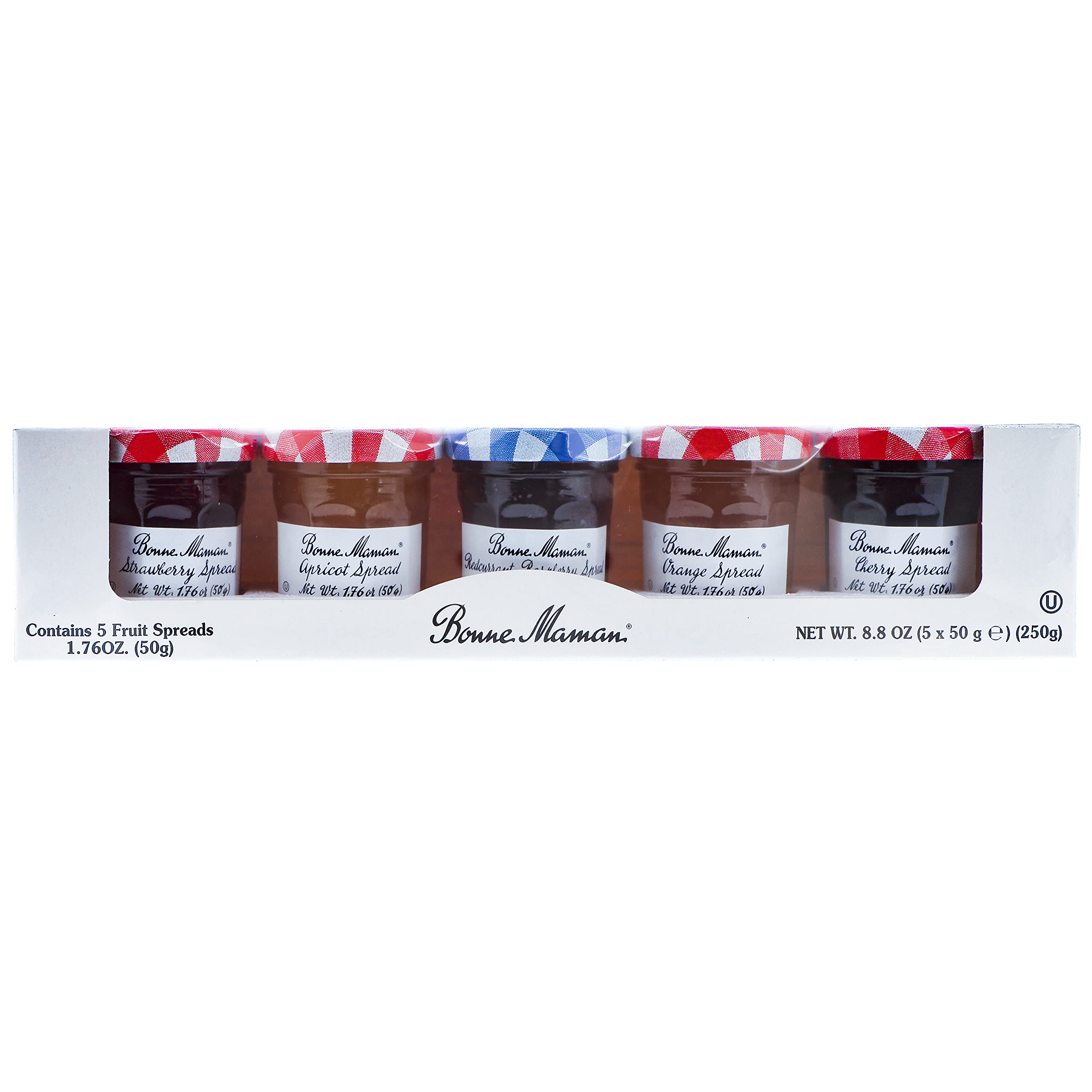 Bonne Maman French Gourmet Preserves Variety Pack - 5 x 1.76oz Jars (Apricot, Cherry, Orange, Red Currant, Strawberry) | Artisan Fruit Spreads for Breakfast, Baking & Gift Giving | Premium Jam Sampler for Toast, Yogurt & Desserts
