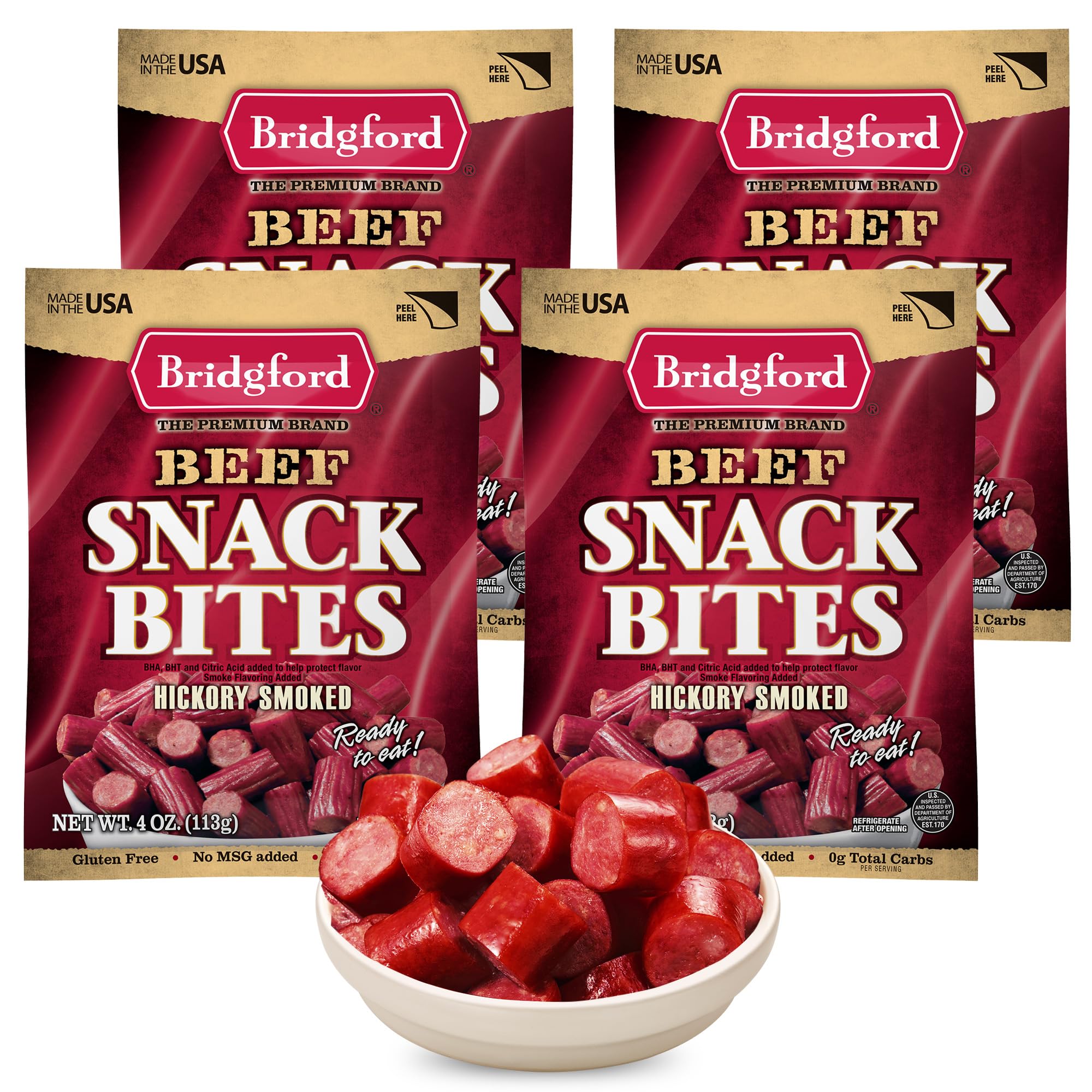 Bridgford Beef Snack Bites 4 oz (Pack of 4) - Gluten Free, Zero Carb, Keto-Friendly Meat Snacks for Adults - High Protein Ready-to-Eat Snacks for Travel, Hiking, Office & On-the-Go Lifestyle
