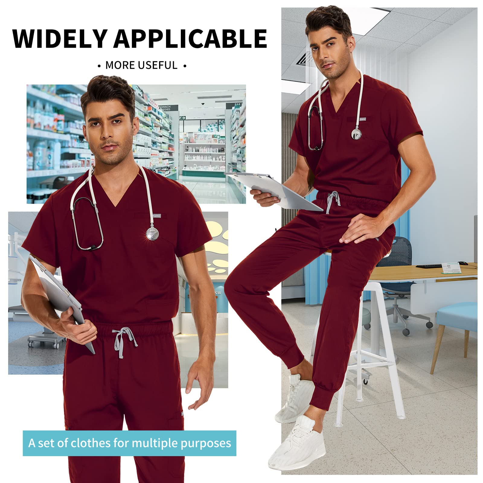 VIAOLI Men's Scrubs Set - V-Neck Top & Jogger Pants with 8 Pockets | Medical Uniform for Nurses, Doctors & Healthcare Professionals | Comfortable Workwear for Hospitals & Clinics