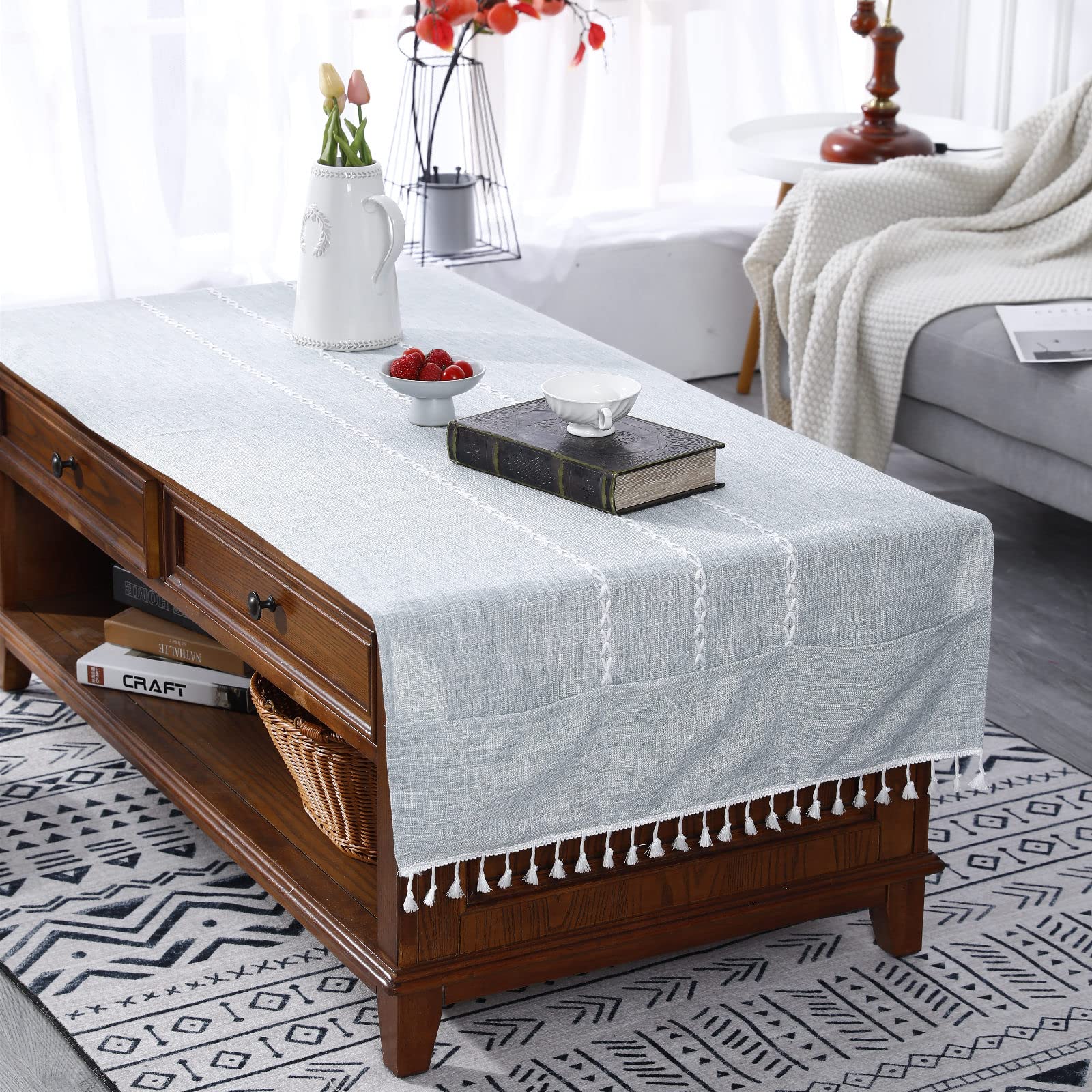 Linen Tassel Coffee Table Cover with Pockets - Elegant Rectangular Tablecloth for Living Room Decor | Perfect for Dining Tables, Side Tables & Home Styling