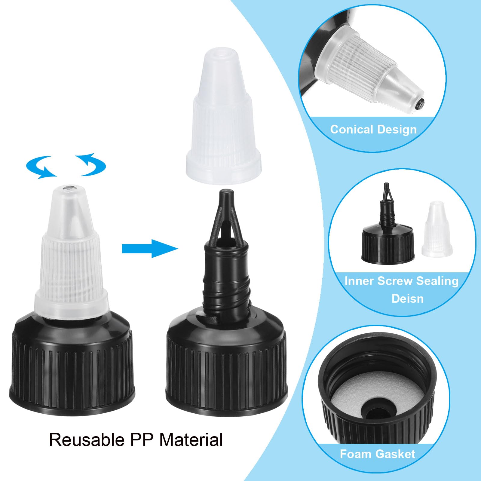 PATIKIL 20/410 Twist Bottle Caps - 20PCS Black Plastic Ribbed Edge Squeeze Bottle Replacement Caps with Foam Gasket for Paint, Glue, Condiments & DIY Dispensing - Perfect for Art Supplies, Kitchen & Craft Bottles