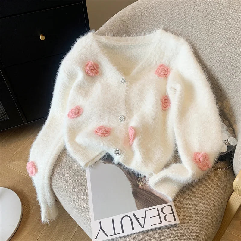 Women's V-Neck Long Sleeve Knitted Cardigan - White & Pink Floral Design Imitation Mink Sweater for Autumn Winter | Cozy Fall Layering, Office Wear & Casual Outfits