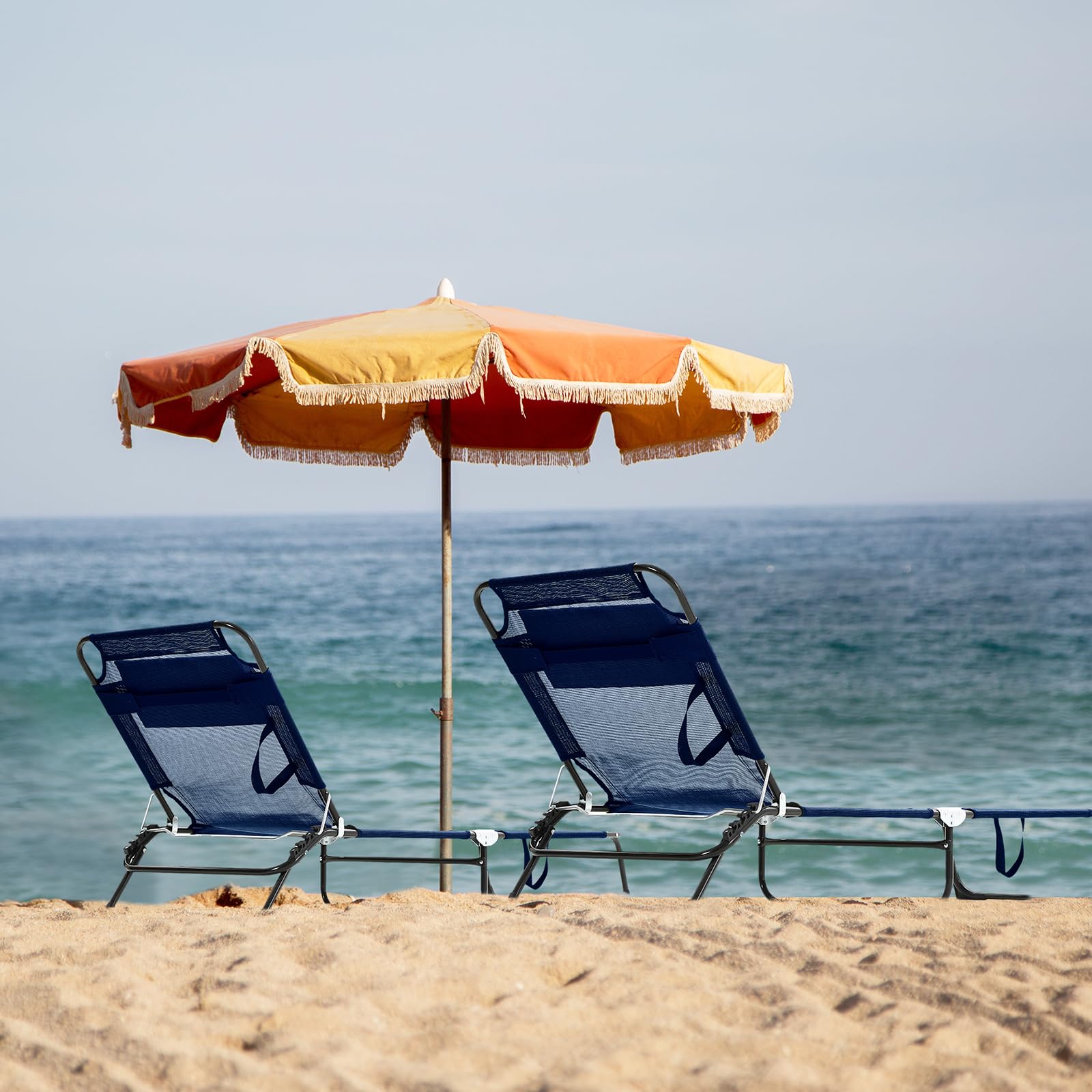 2 Pack Folding Chaise Lounge Chairs - Adjustable Outdoor Reclining Beach Chairs with 5-Position Backrest & Detachable Pillow, Breathable Mesh Sun Lounger for Tanning - Perfect for Poolside, Backyard, Camping & Beach (Navy Blue)