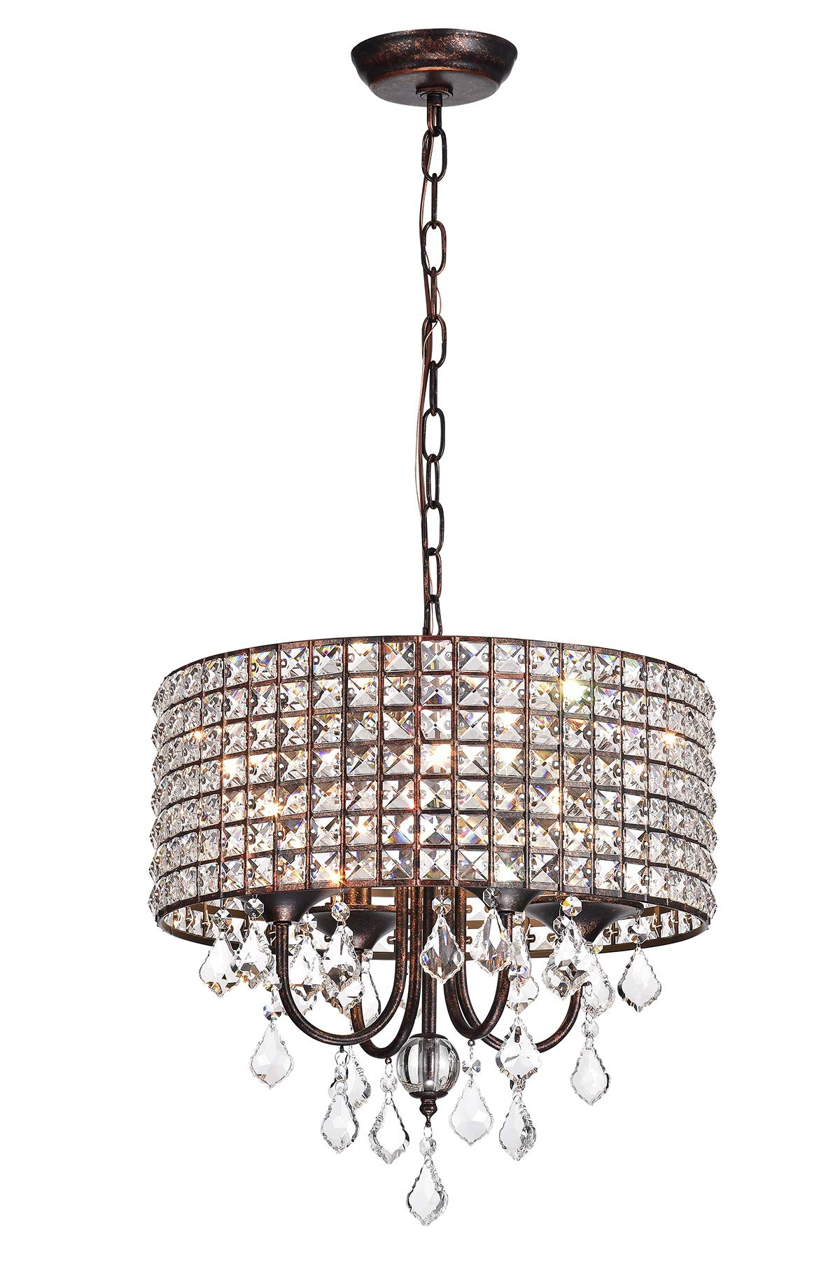 Edvivi 4-Light Crystal Chandelier with Antique Copper Finish - Square Beaded Drum Shade Adjustable Ceiling Light Fixture for Entryway, Living Room, Dining Room & Bedroom | Elegant Glam Lighting for Home Decor & Interior Design