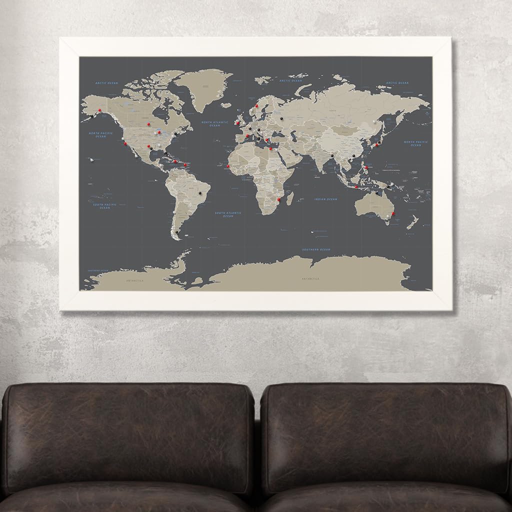 Custom Push Pin Travel Map - Handcrafted Framed World Map Wall Art with 150 Pins - Earth Tone & Textured White Design - 27.5