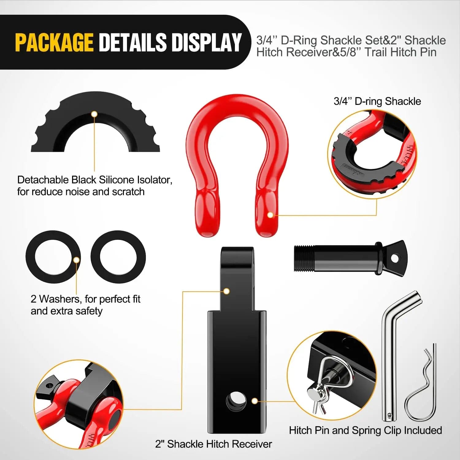 2 Inch Shackle Hitch Receiver with 3/4 Inch D Ring Kit - Heavy Duty Black & Red Tow Hook for Off-Road, Truck, Trailer, and Jeep Accessories - Perfect for Recovery, Towing, and Off-Roading Adventures