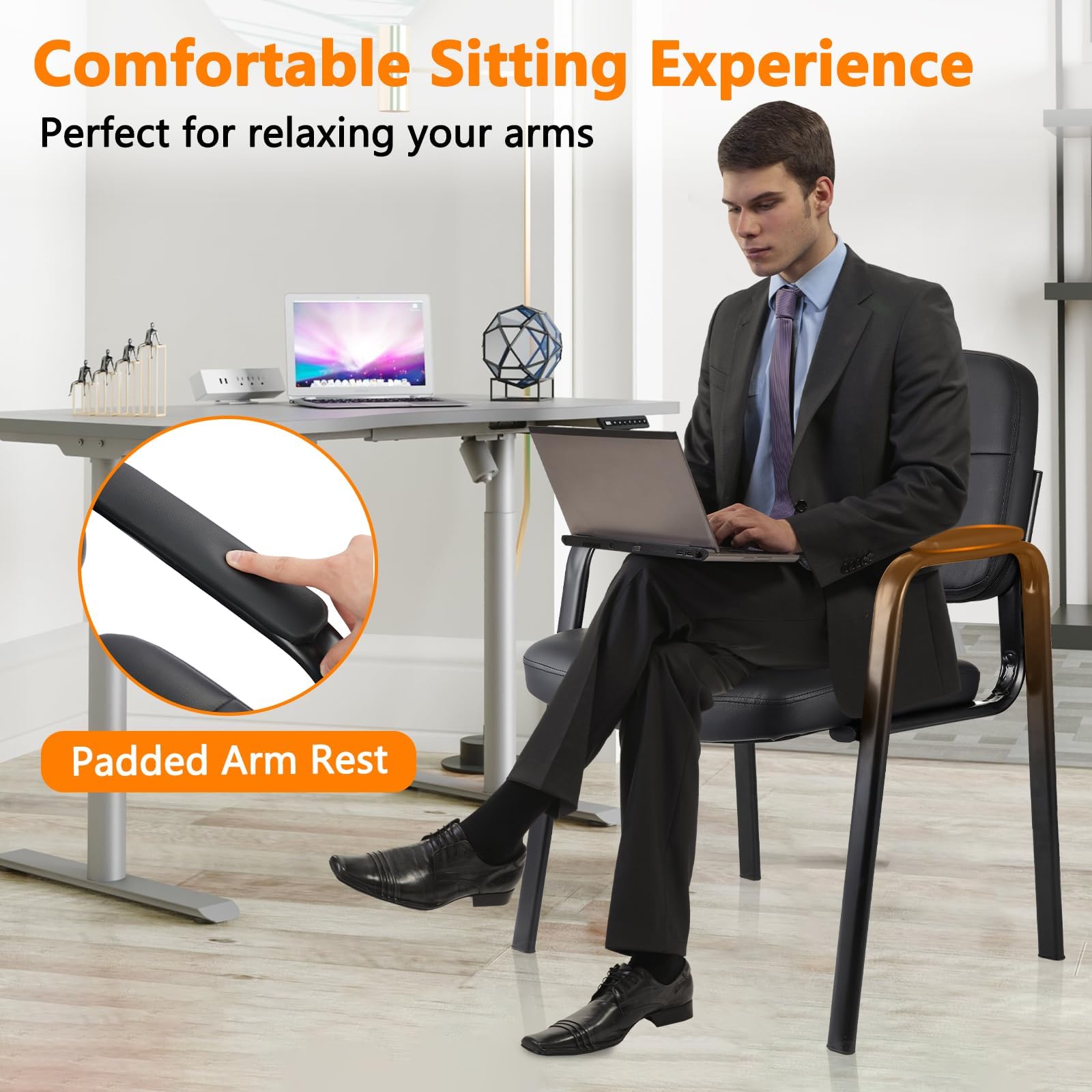 Premium CLLATINA Leather Waiting Room Chairs - Padded Arm Guest Chairs for Office Reception, Conference Room & Lobby - Black Leather Seat with No Wheels - Perfect for Clinics, Hotels & Corporate Spaces