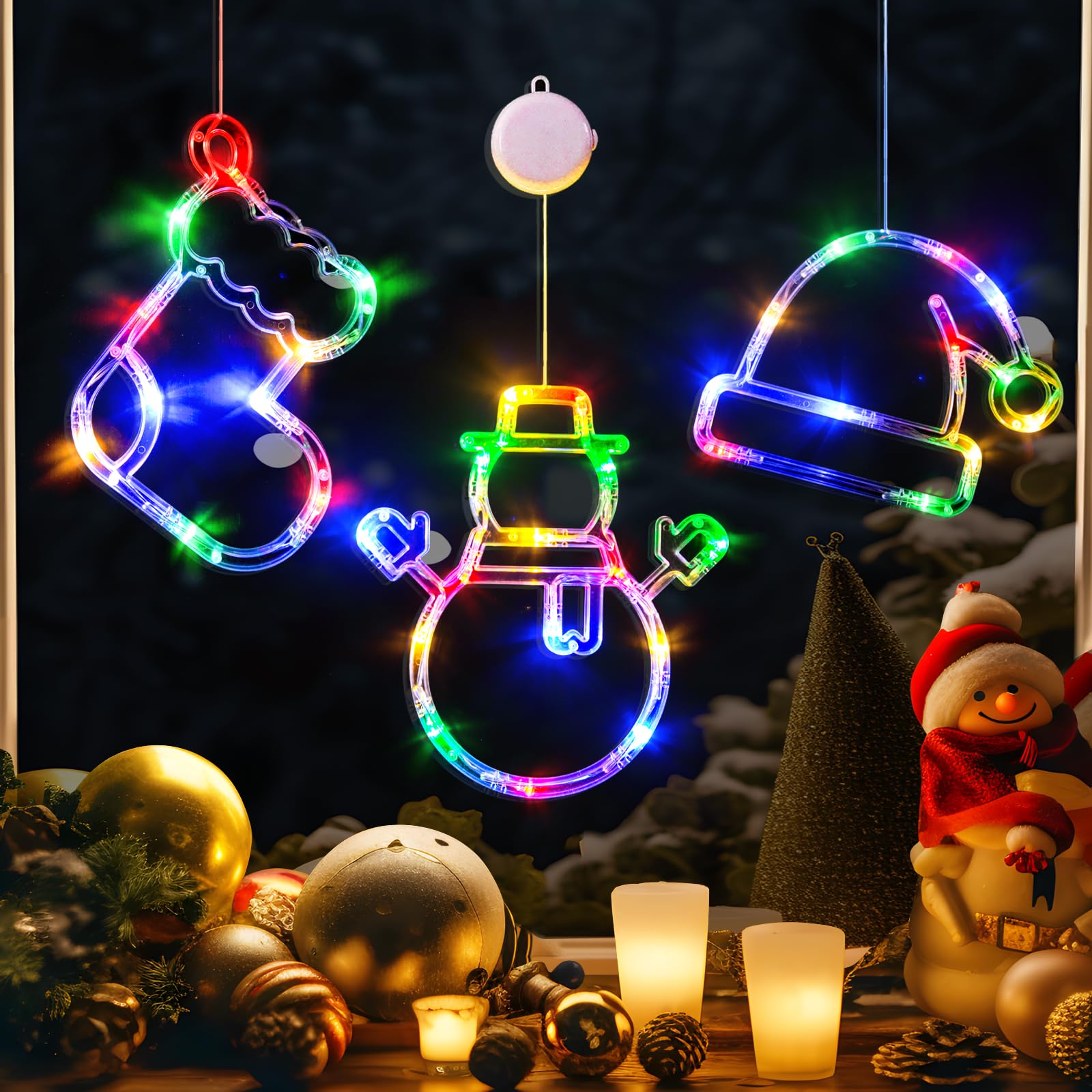 LOLStar Christmas Window Lights - 3 Pack Multicolor Battery Operated LED Decorations (Stocking, Snowman, Santa Hat) with Suction Cups, Timer & Fade Mode - Perfect for Holiday Home Decor, Bedroom, Living Room & Outdoor Christmas Displays
